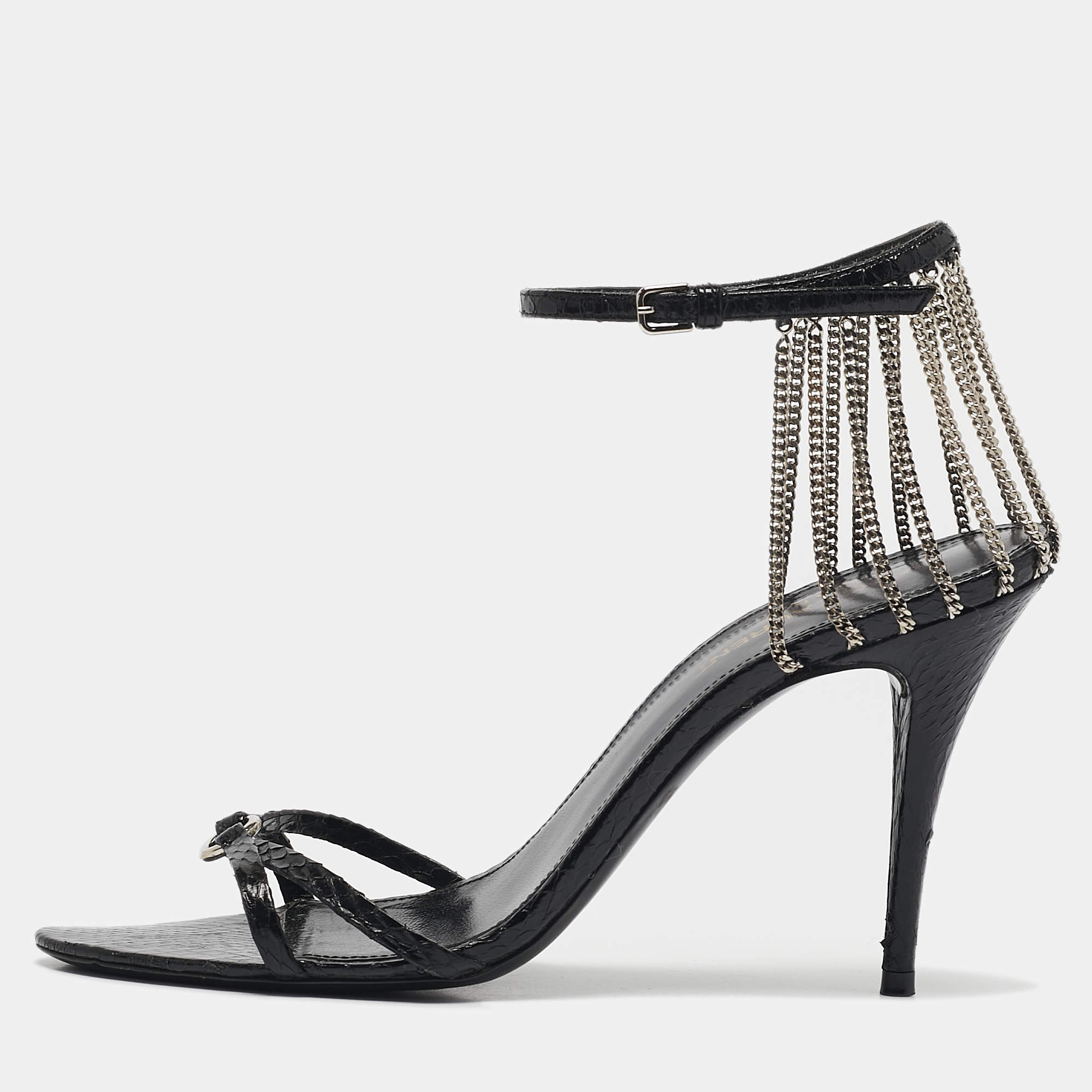 Pre Owned Saint Laurent Black Snakeskin Leather Chain Ankle Strap Sandals Size 37
