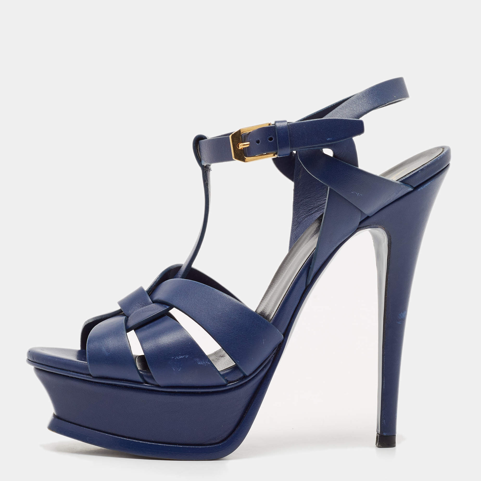 Saint Laurent Blue Leather Tribute Platform Ankle Strap Sandals Size 35.5