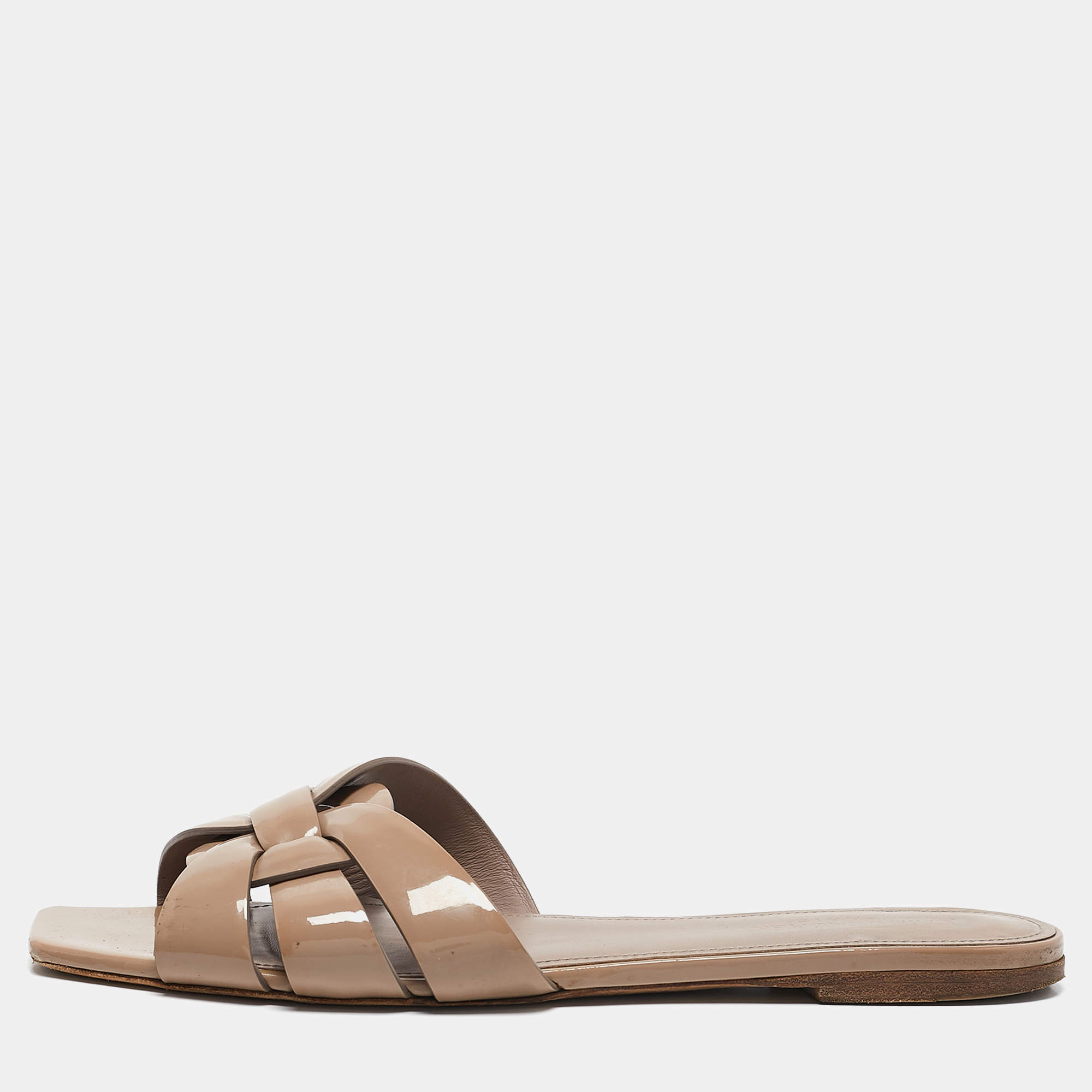 Pre Owned Saint Laurent Beige Patent Leather Tribute Flats Size 39.5