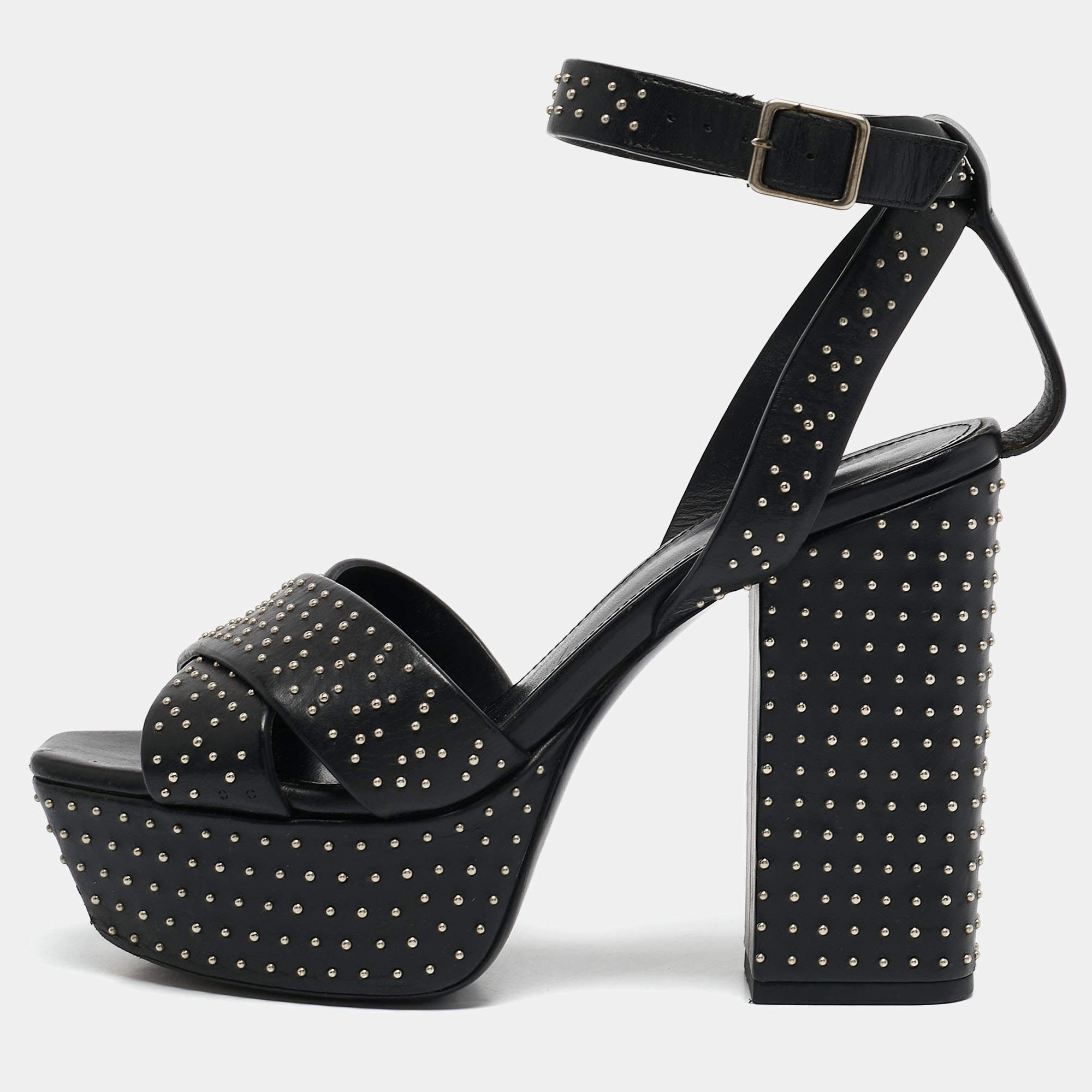 Saint Laurent Black Leather Studded Farrah Criss Cross Platform Sandals Size 36