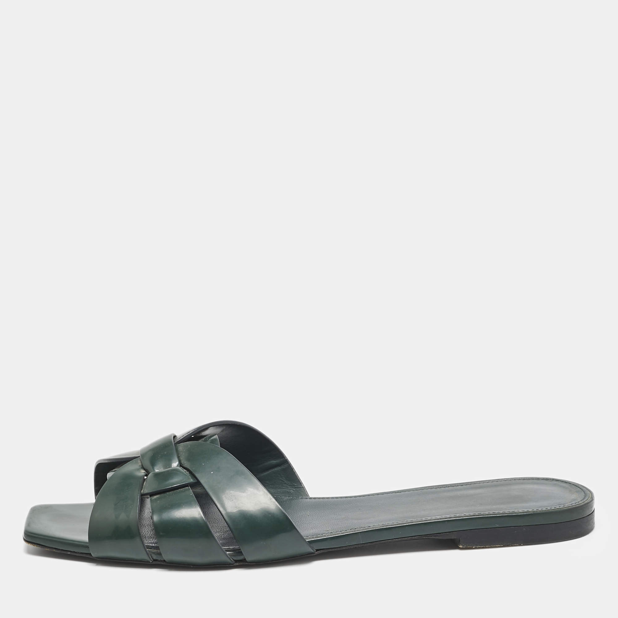 Saint Laurent Dark Green Patent Tribute Flat Slides Size 40.5