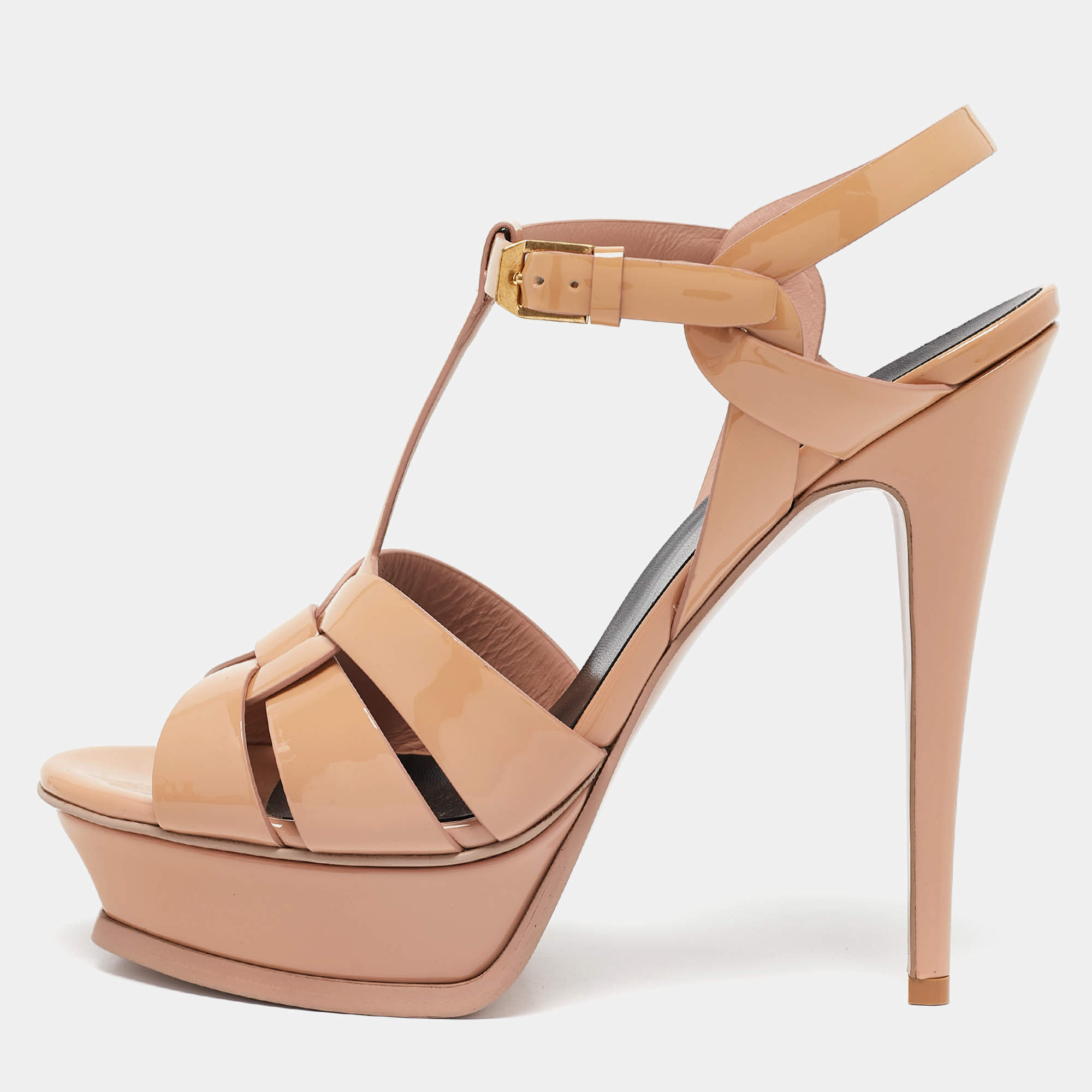 Saint Laurent Dusty Pink Patent Leather Tribute Platform Sandals Size 39