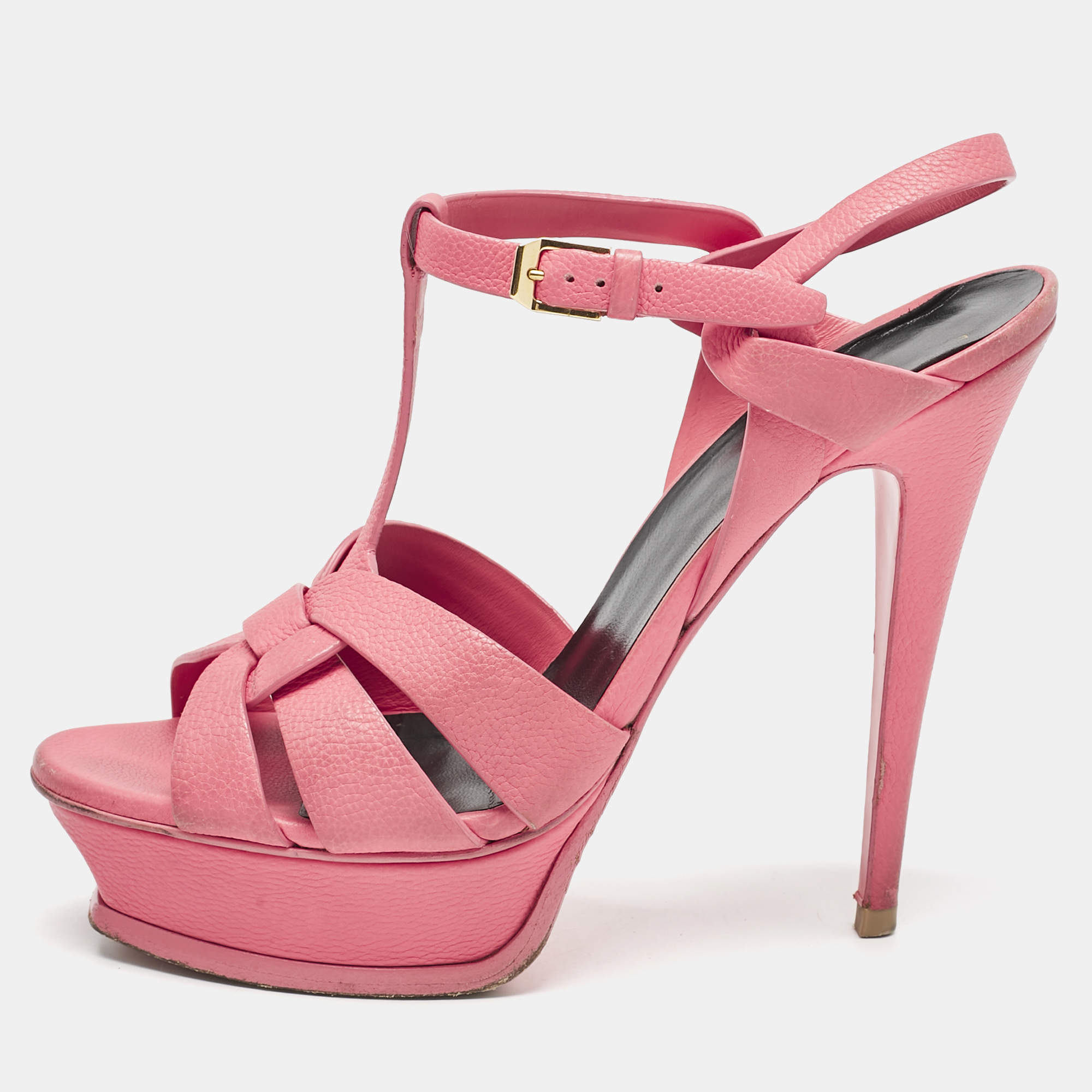 Pre Owned Saint Laurent Coral Pink Leather Tribute Sandals Size 39.5