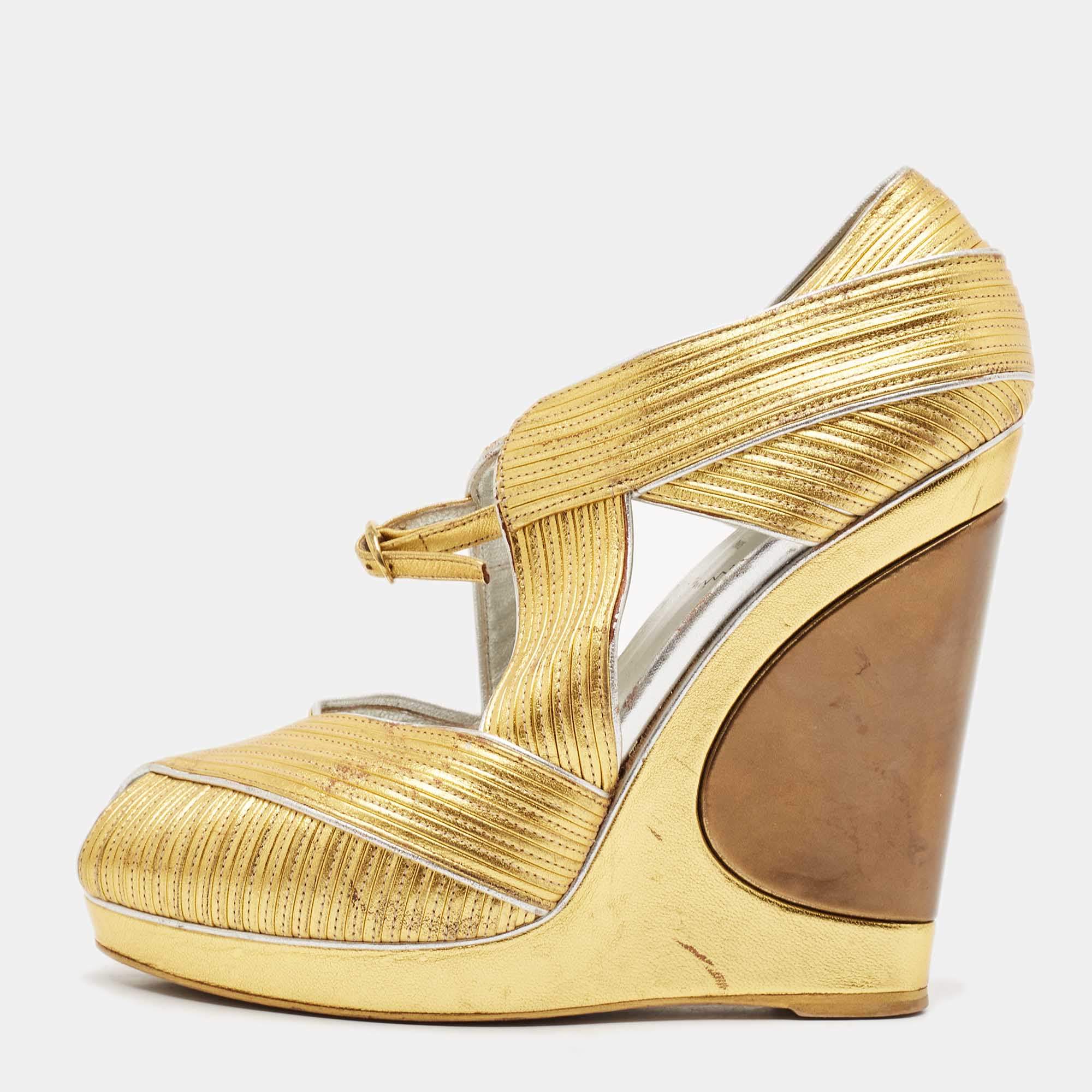 Saint Laurent Paris Metallic Gold Leather Venice Sculpted Wedge Platform Sandals Size 39