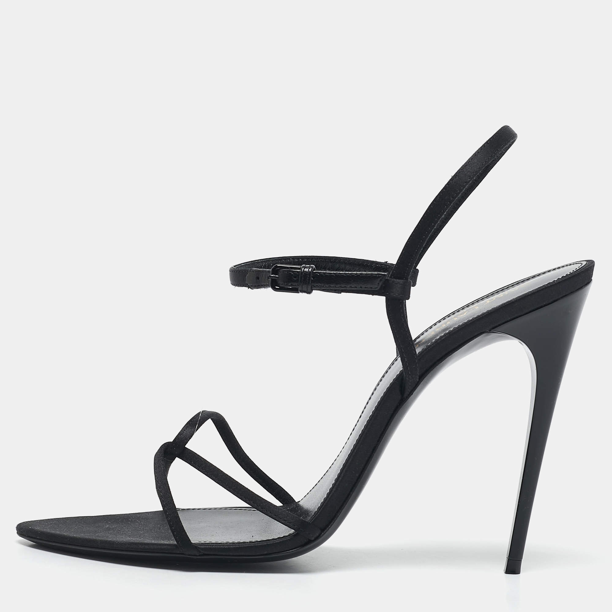 Saint Laurent Black Satin Clara Ankle Strap Sandals Size 40
