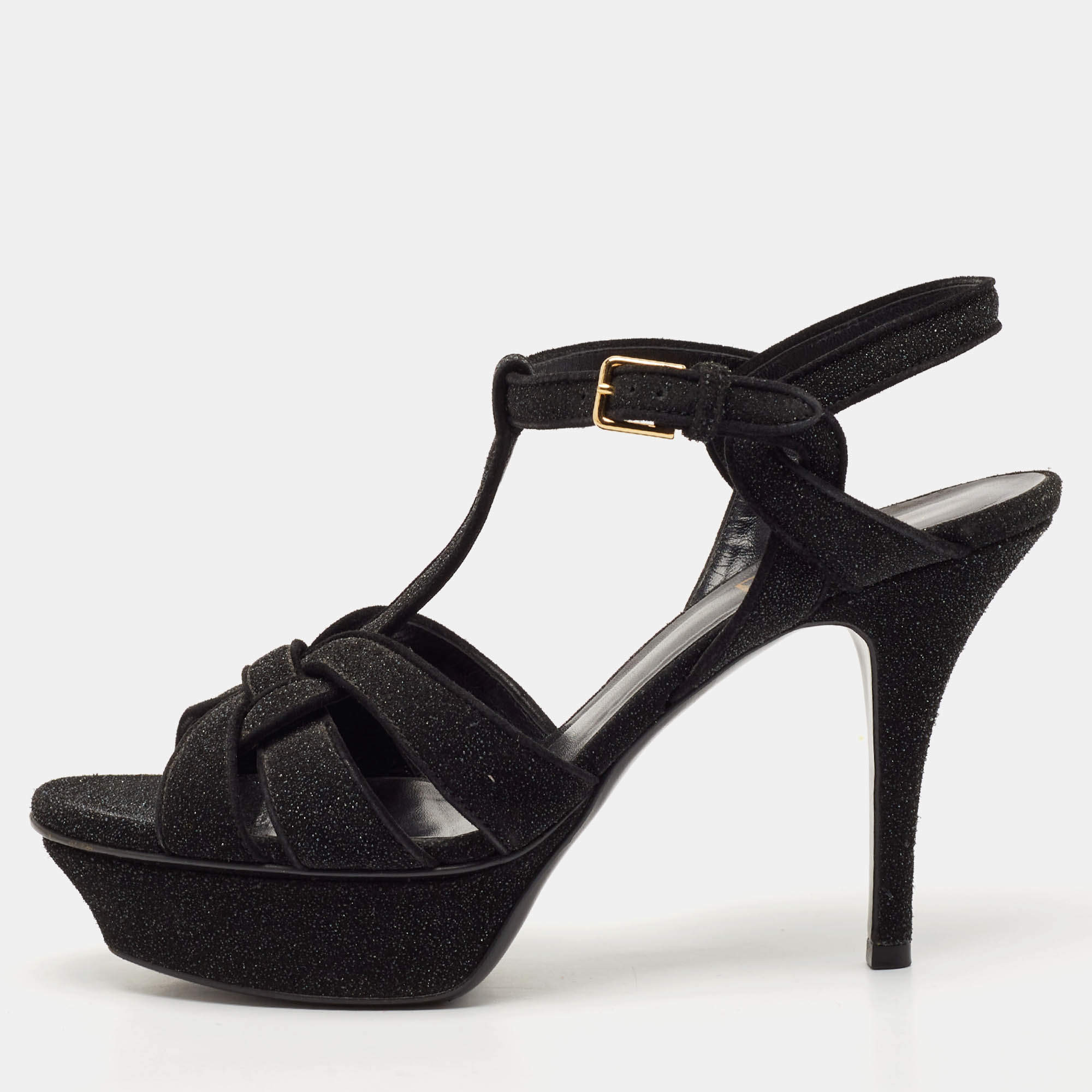 Saint Laurent Black Suede and Quartz Glitter Tribute Platform Sandals Size 37.5