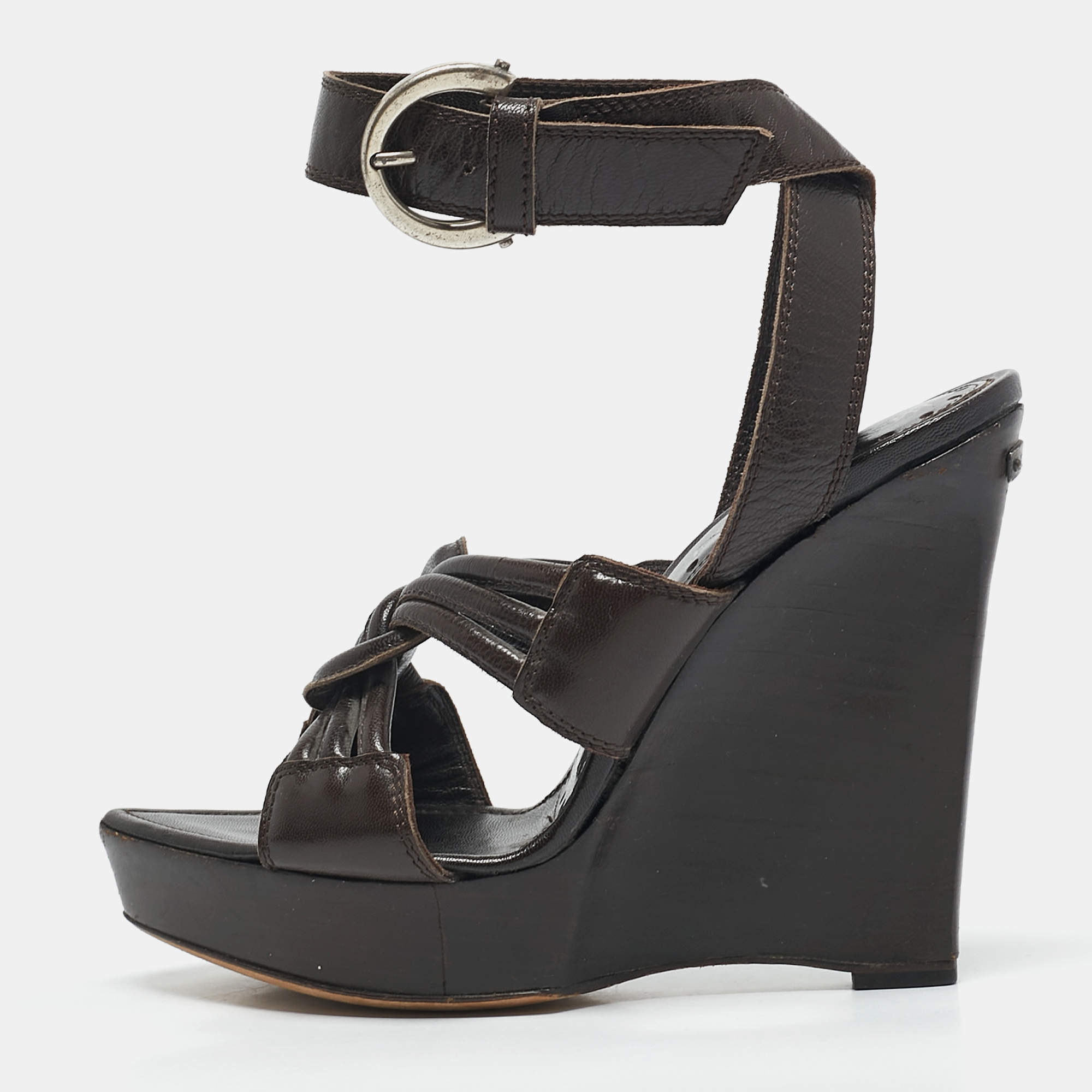 Saint Laurent Brown Leather Ankle Strap Wedge Sandals Size 35