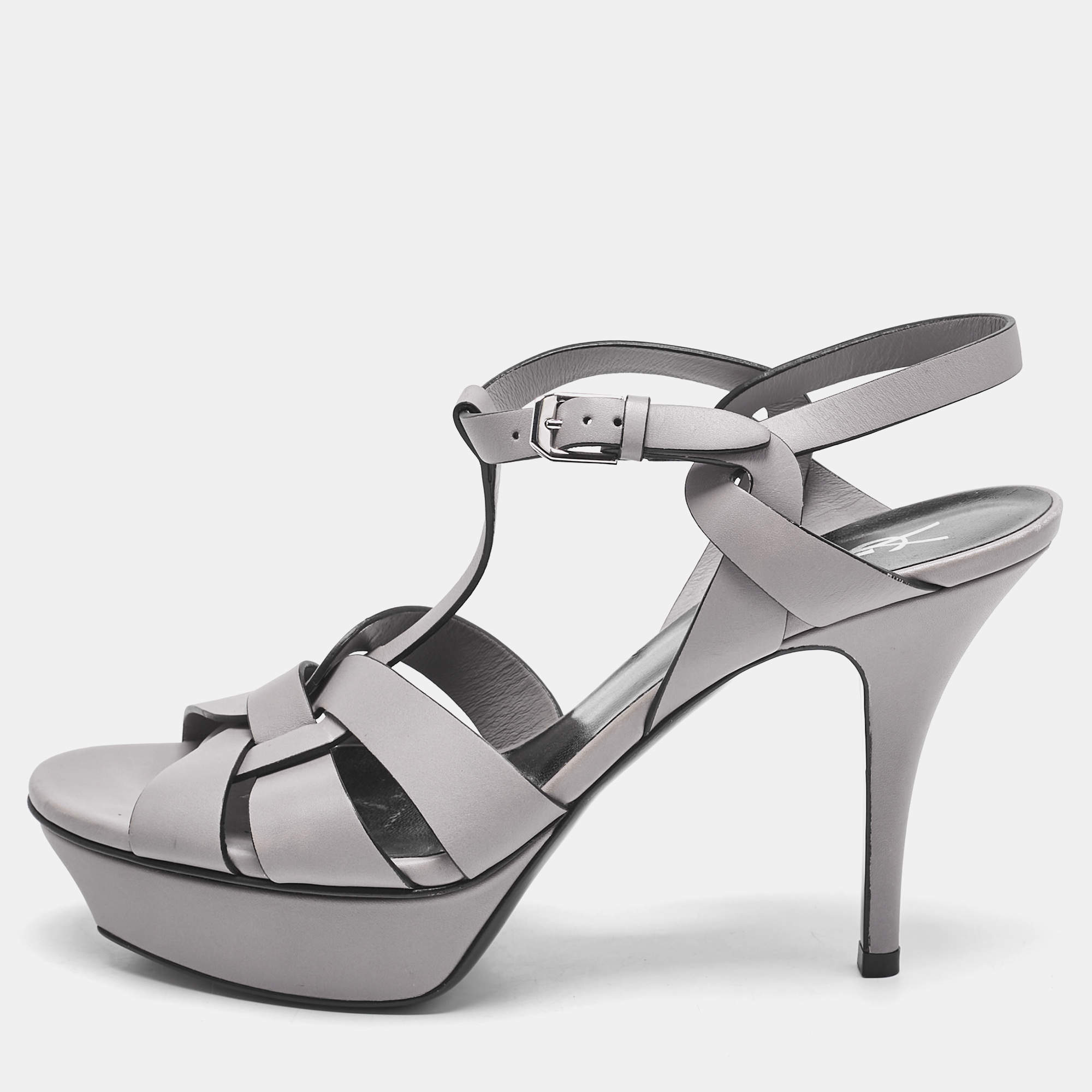 Saint Laurent Grey Leather Platform Sandals Size 39