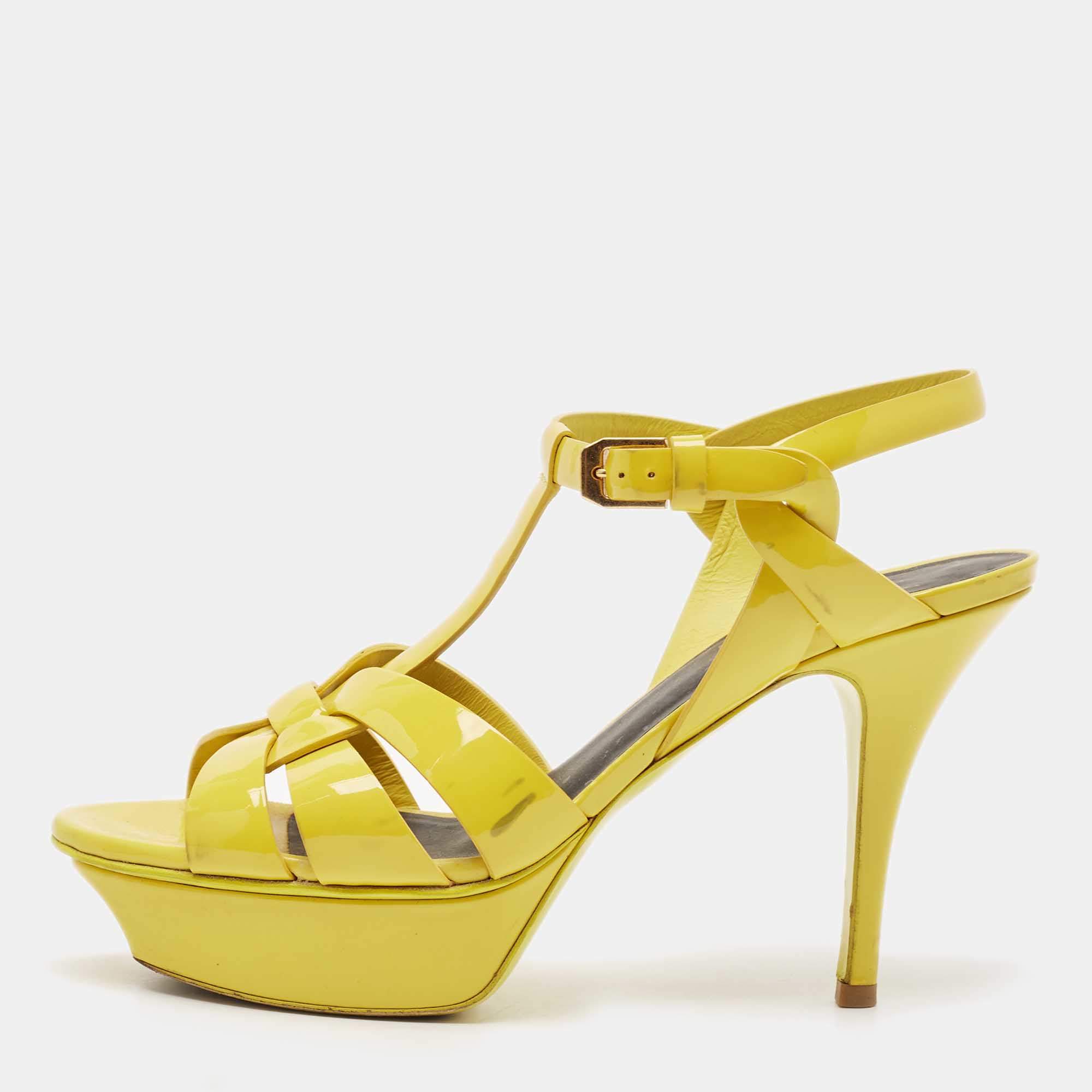 Saint Laurent Yellow Patent Leather Tribute Platform Sandals Size 37