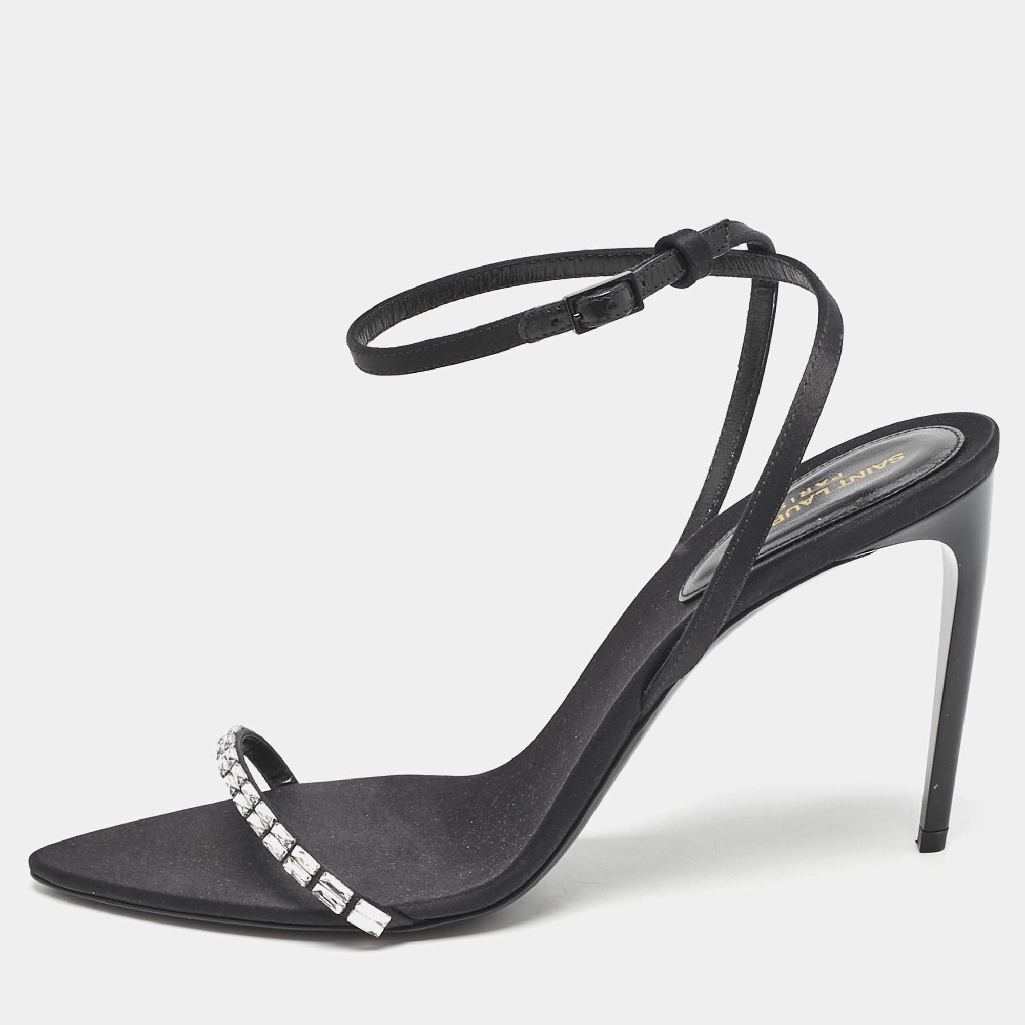 مملوكة مسبقًا Saint Laurent Black Satin Ankle Strap Sandals Size 39