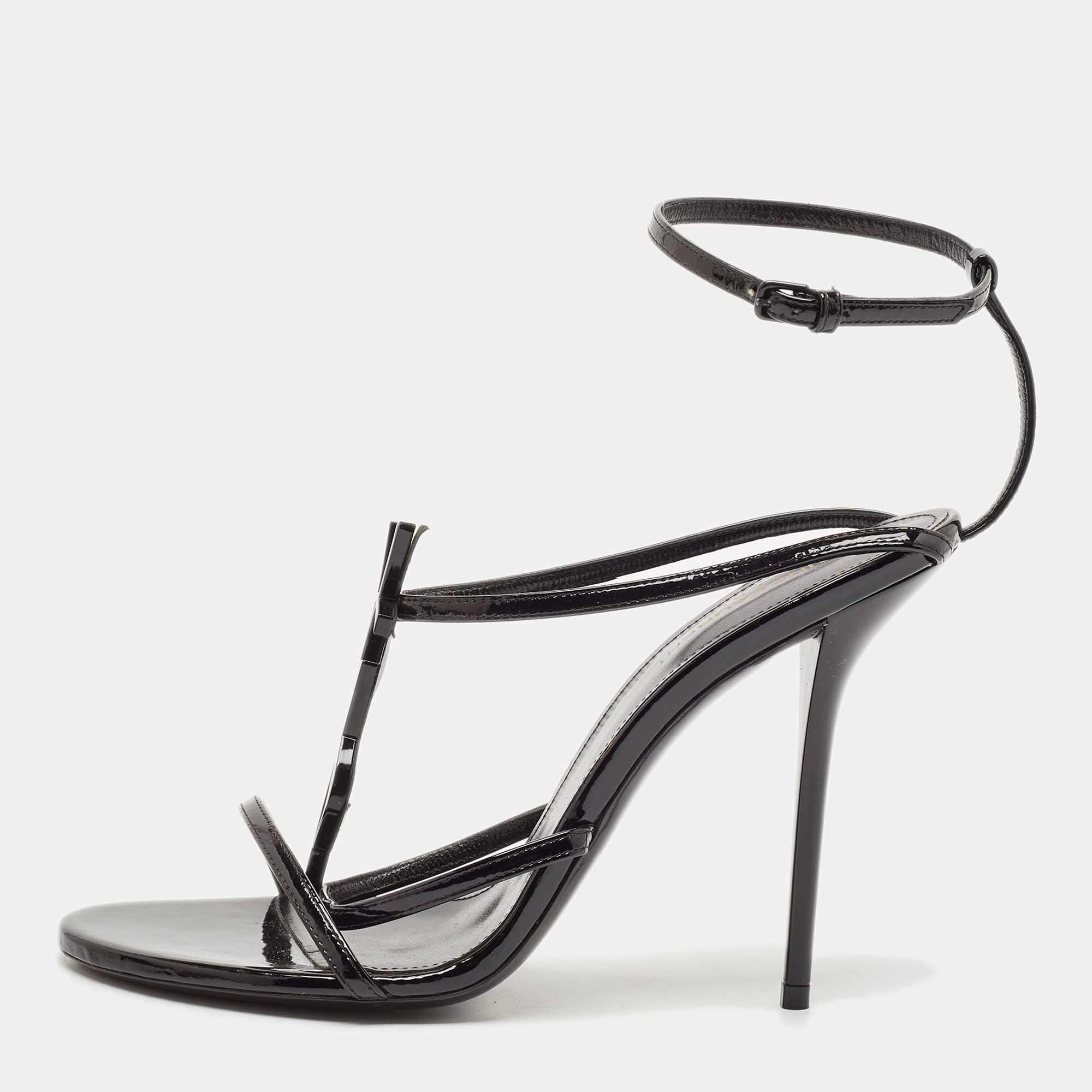 مملوكة مسبقًا Saint Laurent Black Patent Leather Cassandre Ankle Strap Sandals Size 40