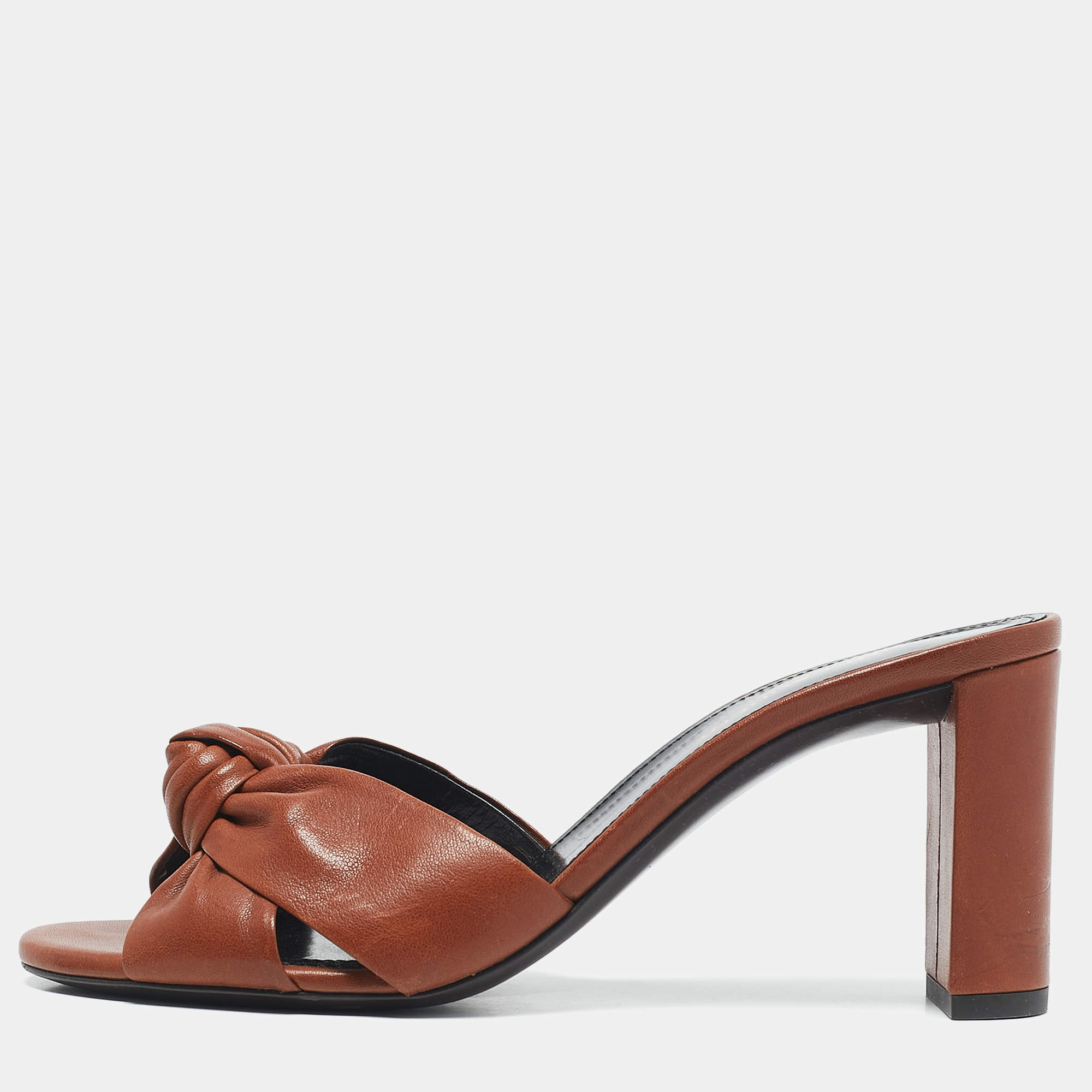 Saint Laurent Brown Knotted Leather Bianca Slide Sandals Size 37