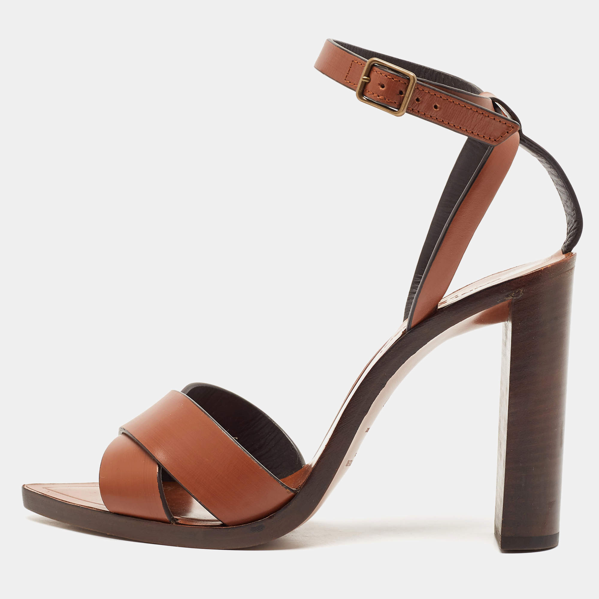 مملوكة مسبقًا Saint Laurent Brown Leather Papaya Block Heel Ankle Strap Sandals Size 37