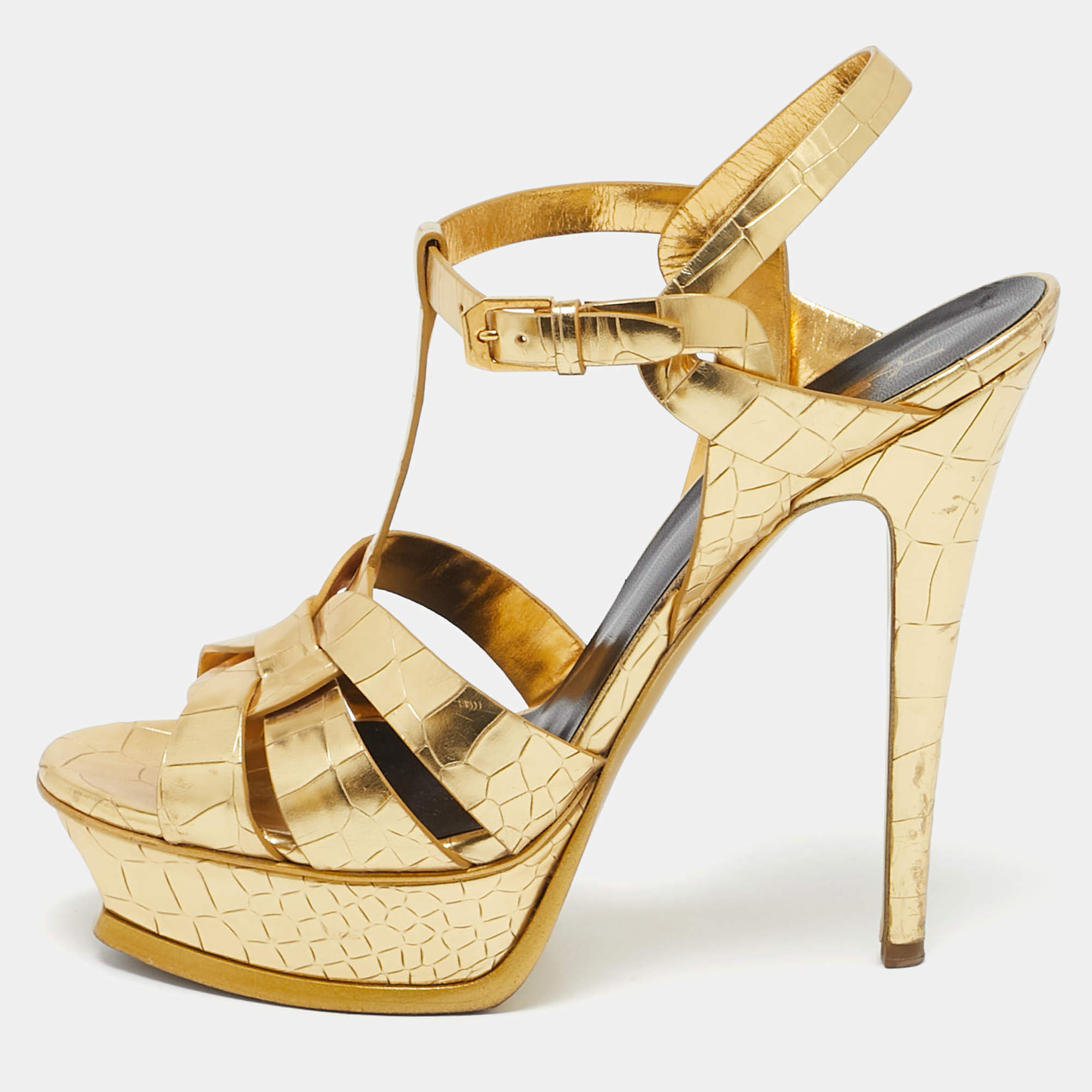Pre Owned Saint Laurent Metallic Gold Croc Embossed Leather Tribute Ankle Strap Sandals Size 39