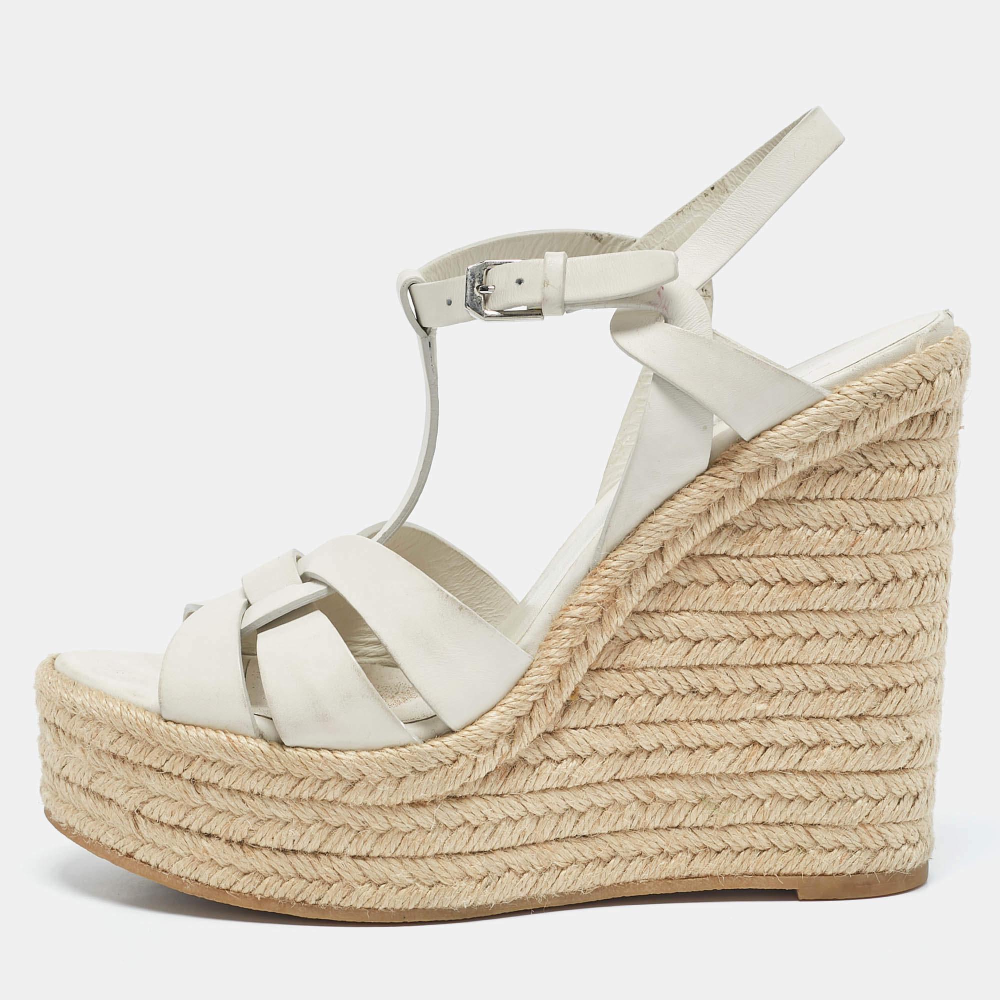 Saint Laurent White Leather Tribute Wedge Platform Espadrille Sandals Size 39