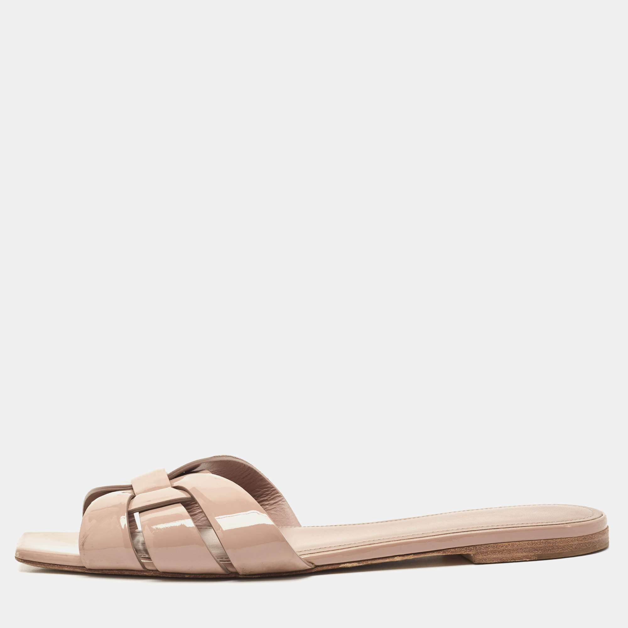 مملوكة مسبقًا Saint Laurent Beige Patent Leather Tribute Flat Sandals Size 41.5