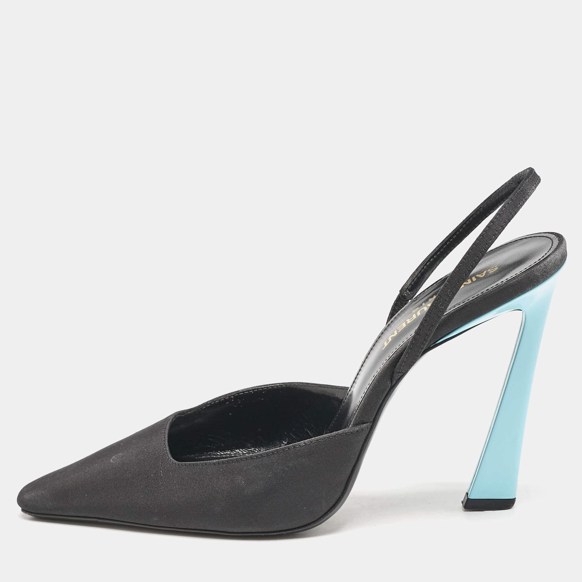 Saint Laurent Black/Blue Fabric Blade Slingback Pumps Size 38