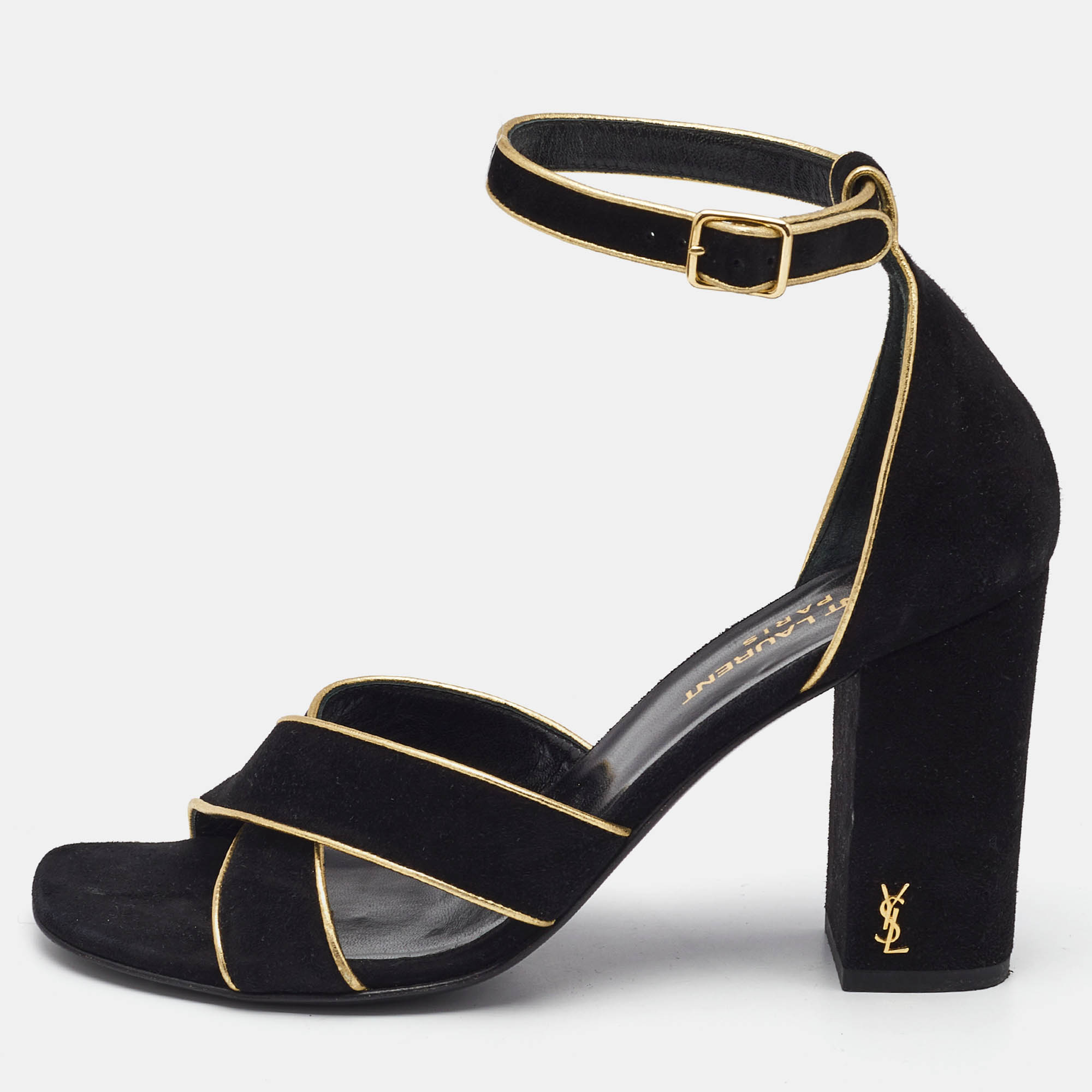 Pre Owned Saint Laurent Black/Gold Suede and Leather Ankle Strap Sandals Size 37.5