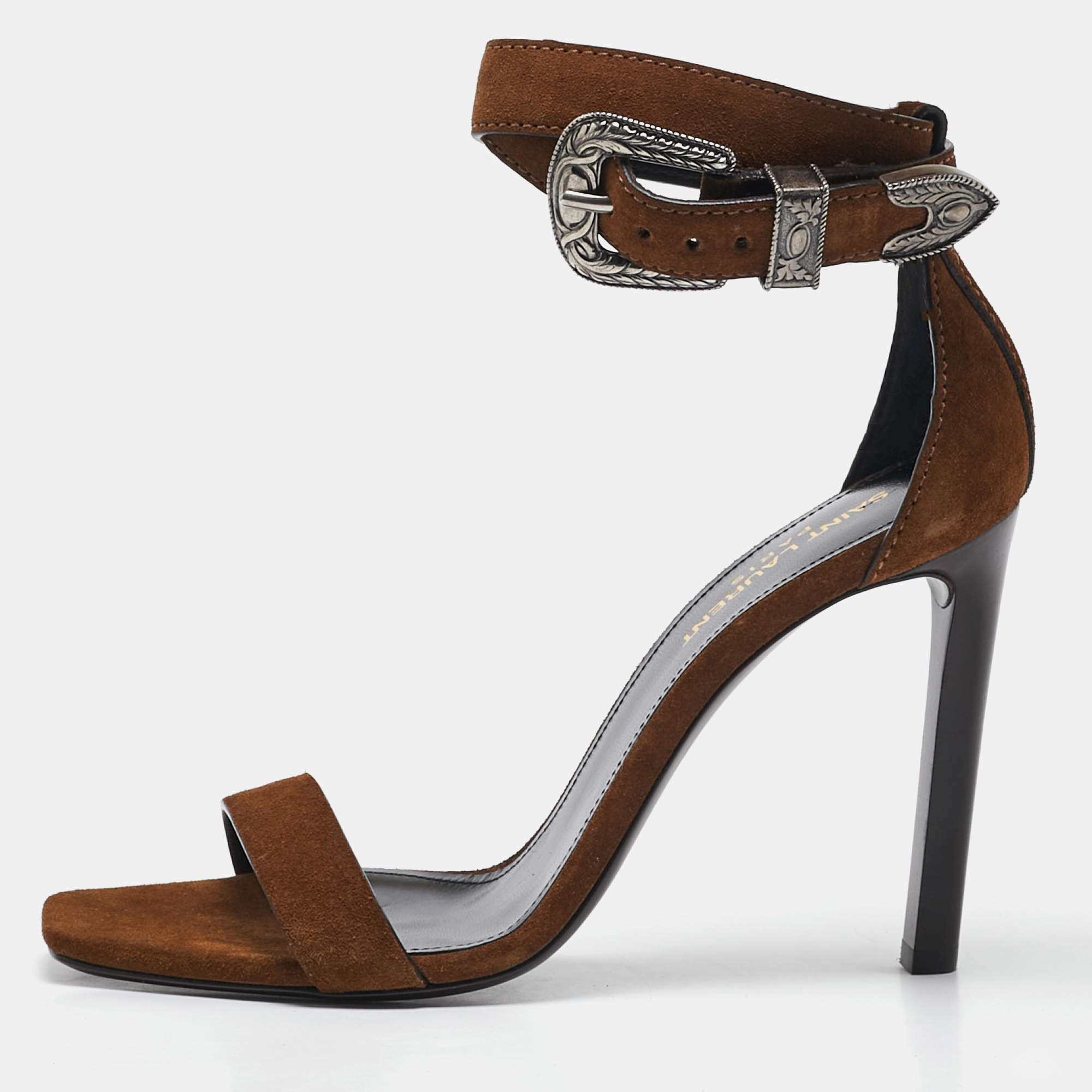 مملوكة مسبقًا صندل سان لوران سير كاحل غربي ميكا شامواه زيتوني مع إبزيم مقاس 38.5