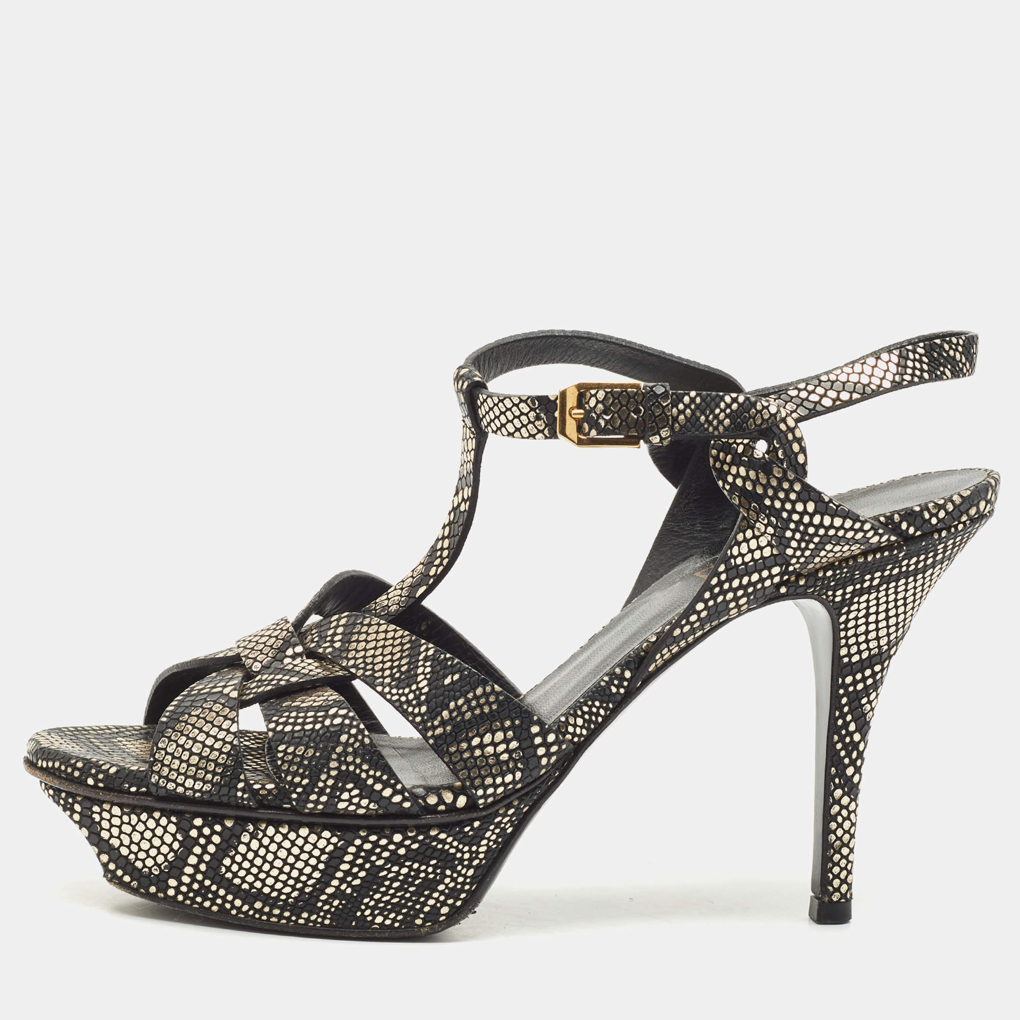 مملوكة مسبقًا Saint Laurent Gold/Black Python Embossed Leather Tribute Platform Sandals Size 38