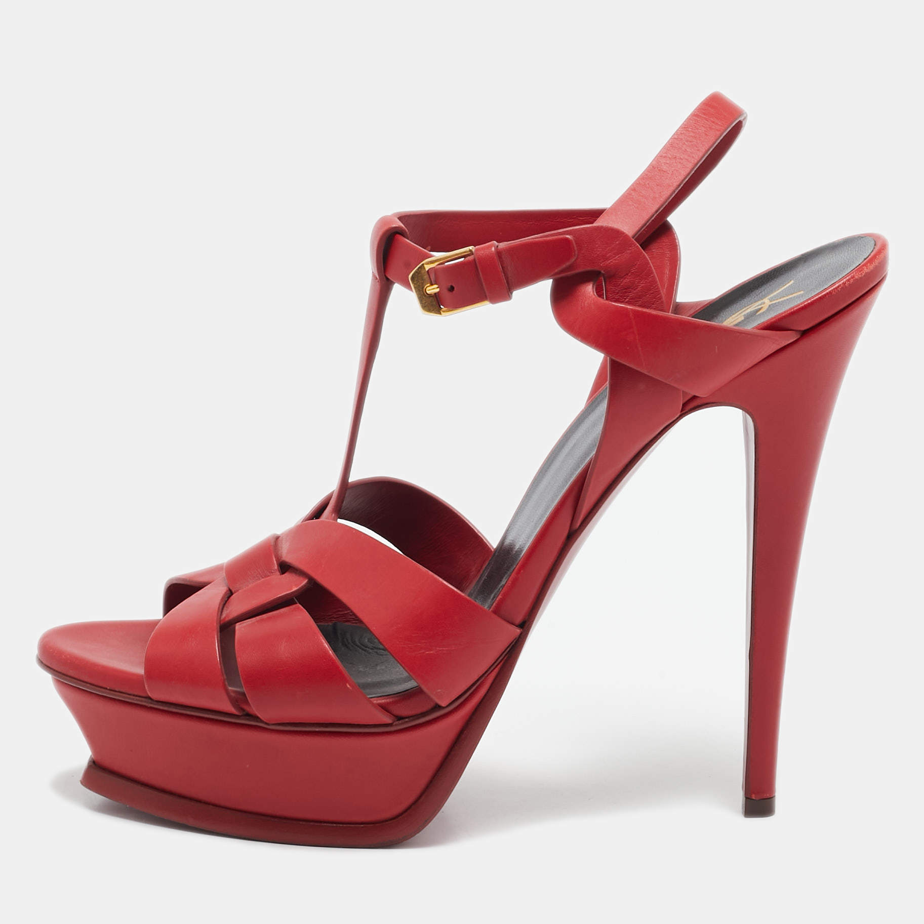 Pre Owned Saint Laurent Red Leather Tribute Ankle Strap Sandals Size 41