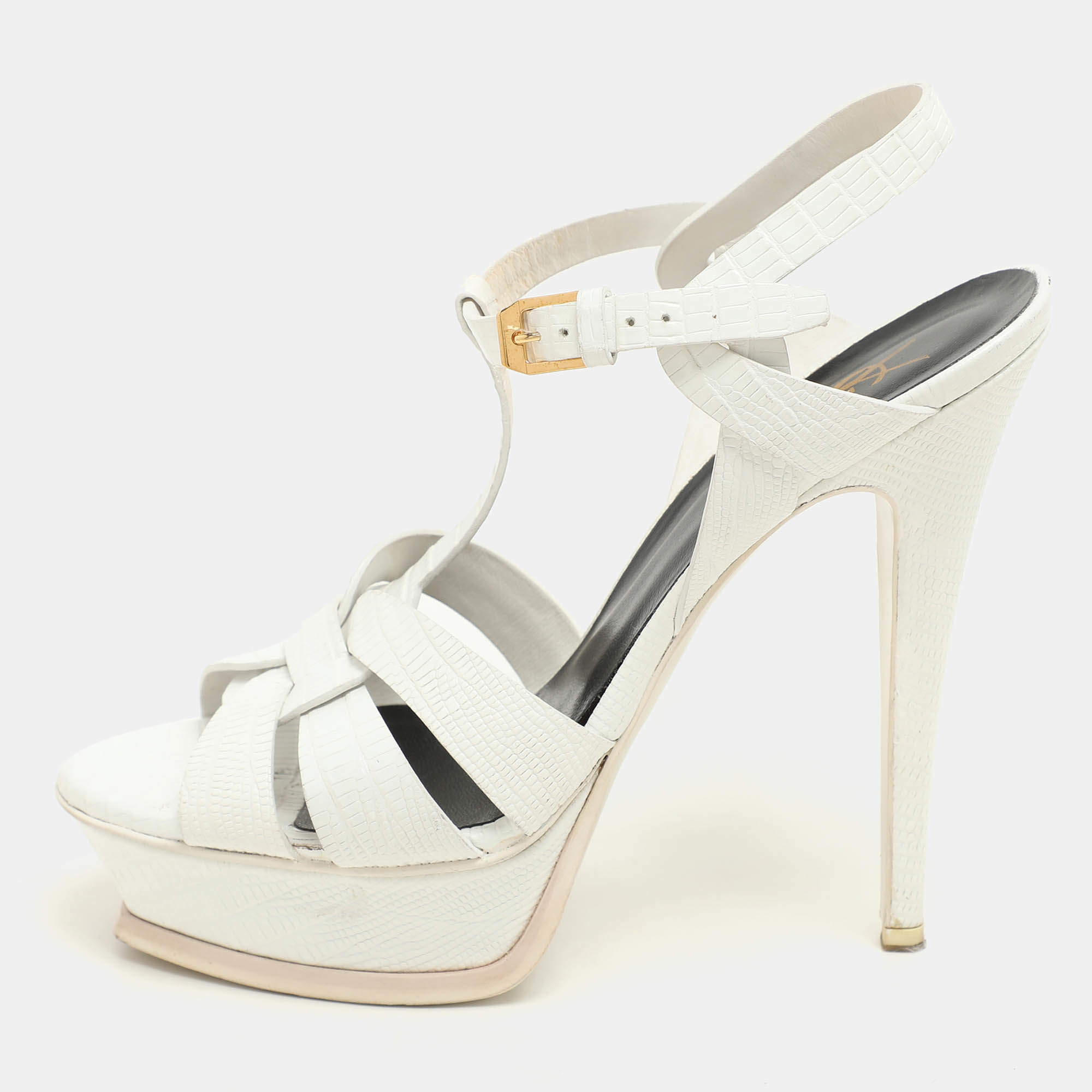 Saint Laurent White Lizard Embossed Leather Tribute Platform Sandals Size 39