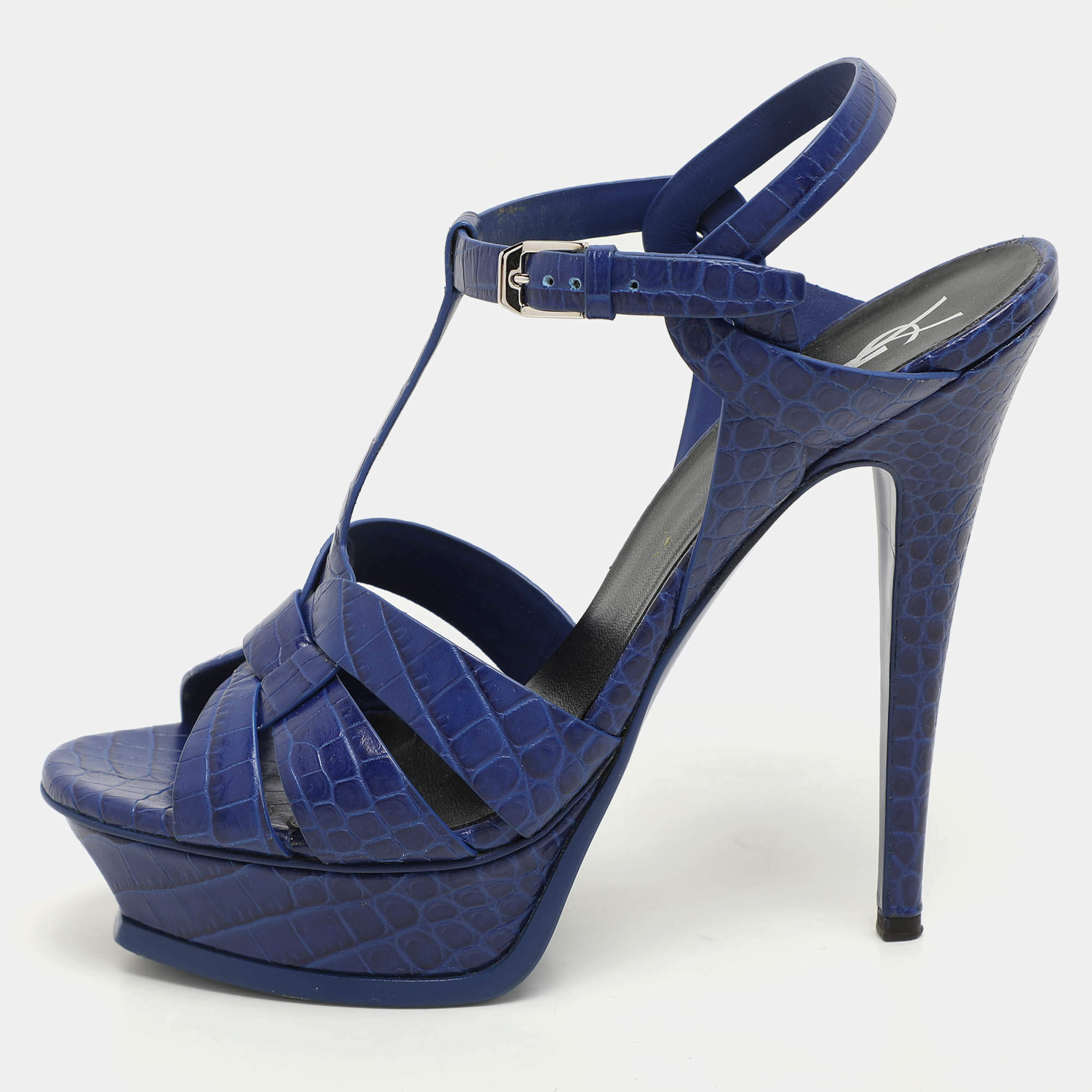 Saint Laurent Blue Croc Embossed Leather Tribute Platform Sandals Size 40