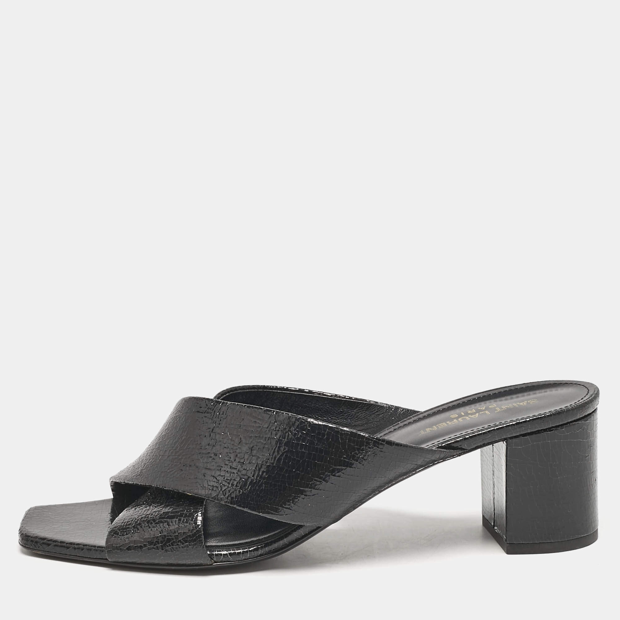 Saint Laurent Black Texture Leather Loulou Criss Cross Mules Size 41