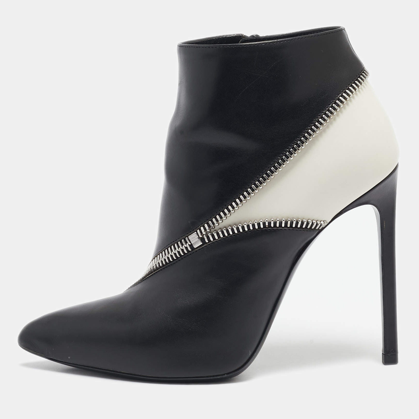 Saint Laurent Black/White Leather Zip Detail Ankle Length Boots Size 36