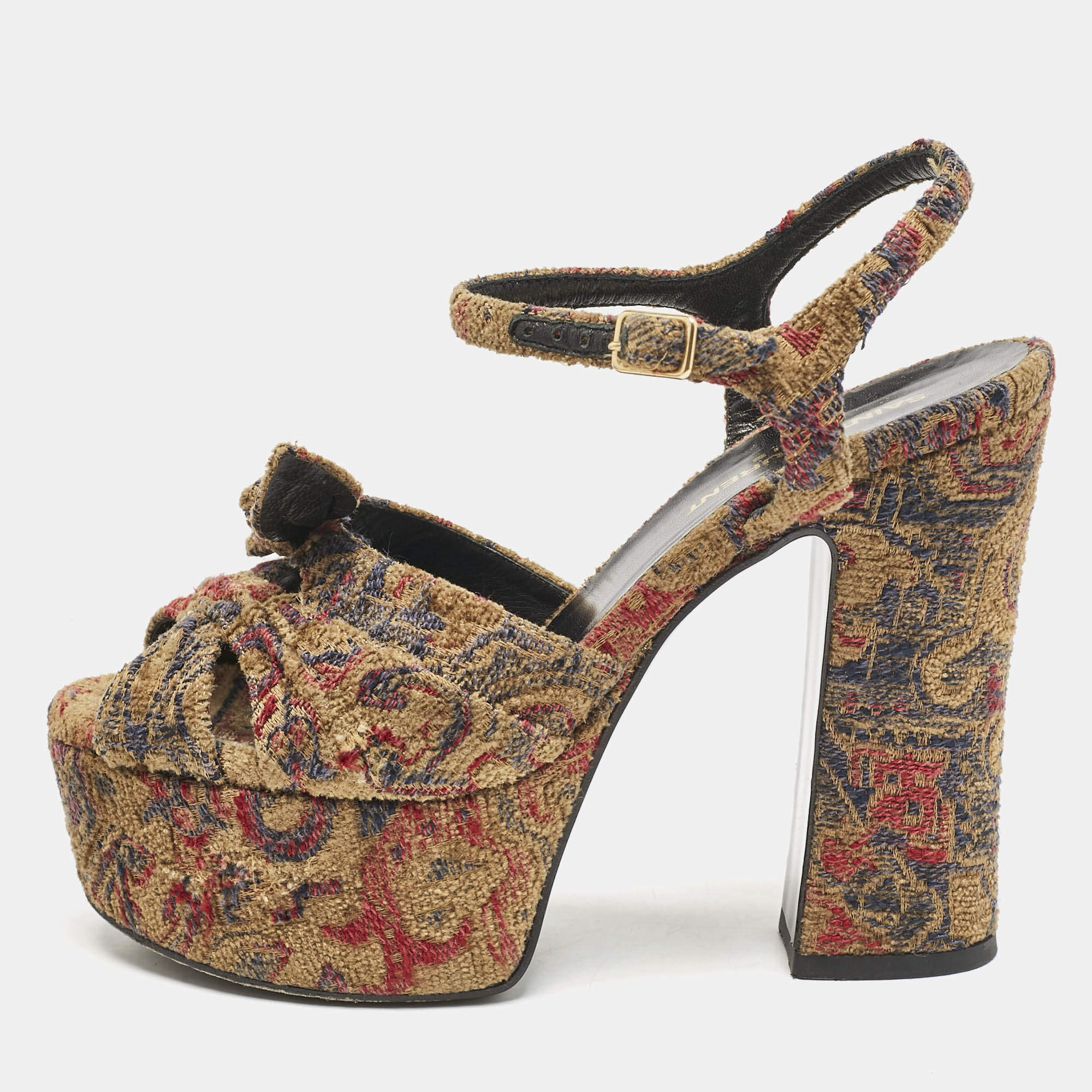 Saint Laurent Multicolor Brocade Fabric Candy Bow Platform Sandals Size 36