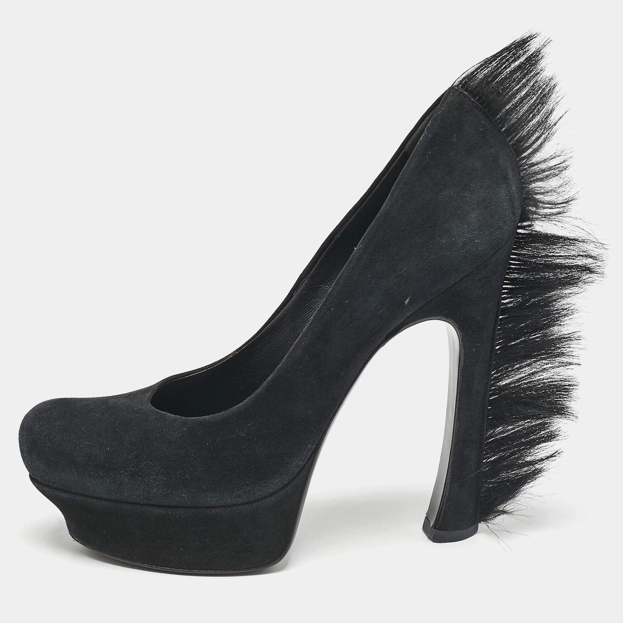 Saint Laurent  Black Fur and Suede Platform Pumps Size 39