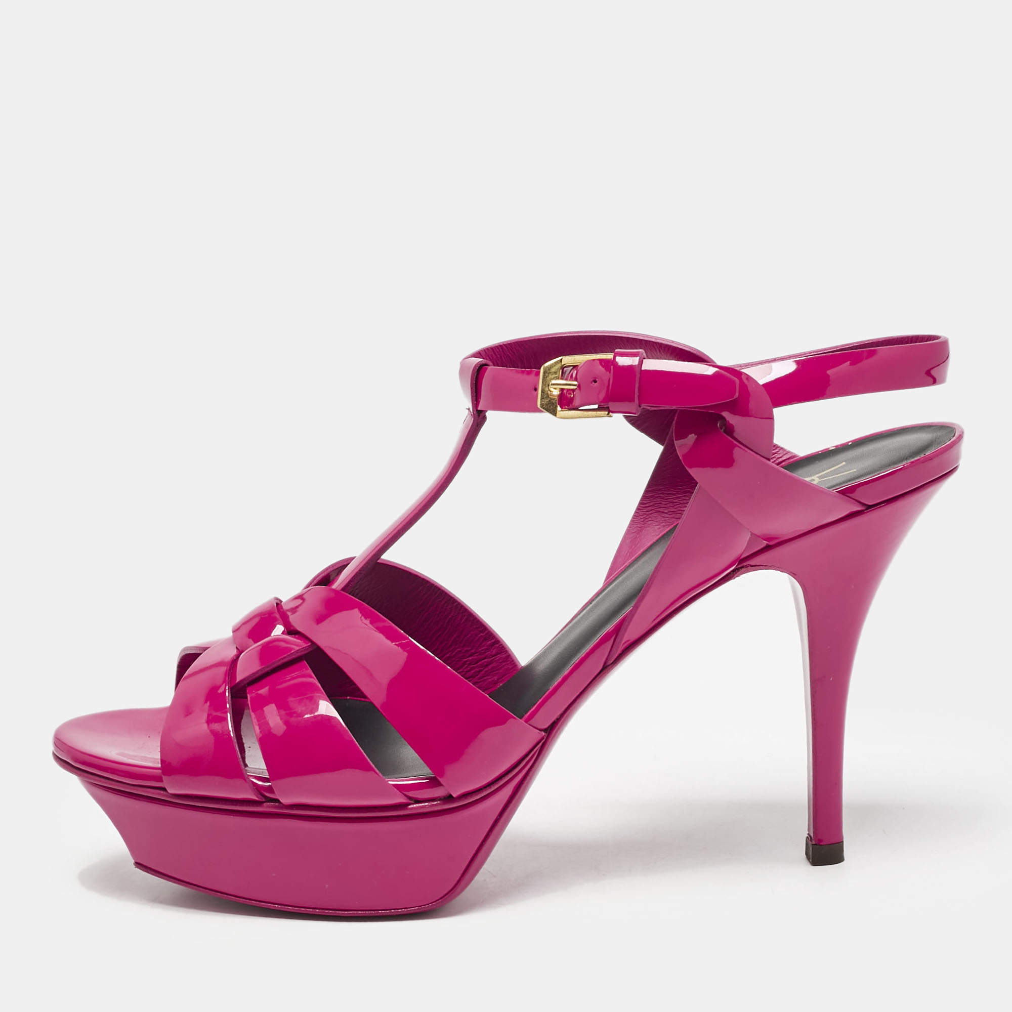 مملوكة مسبقًا Saint Laurent Purple Patent Leather Tribute Ankle Strap Sandals Size 38.5