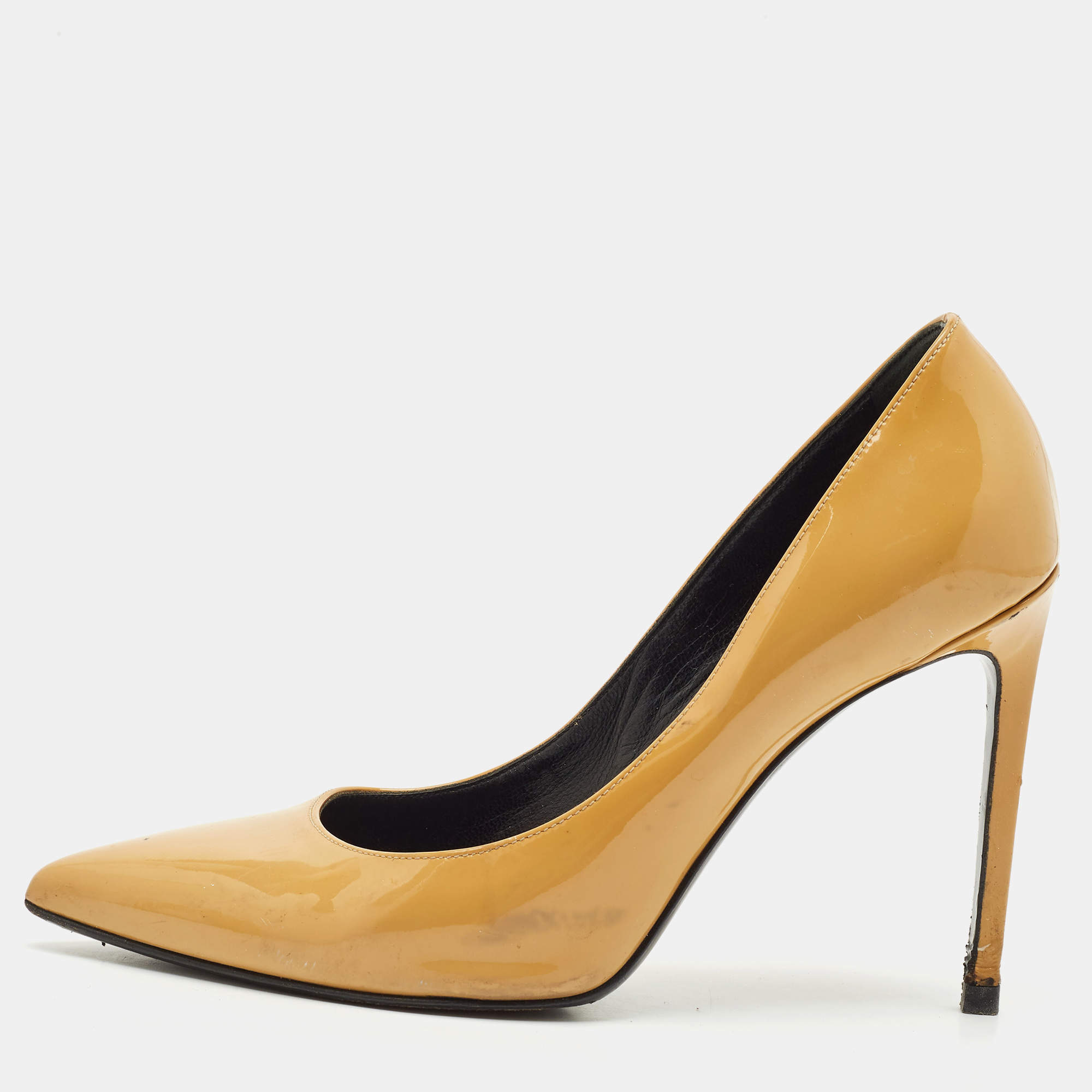 Saint Laurent Beige Patent Leather Anja Pointed Toe Pumps Size 37