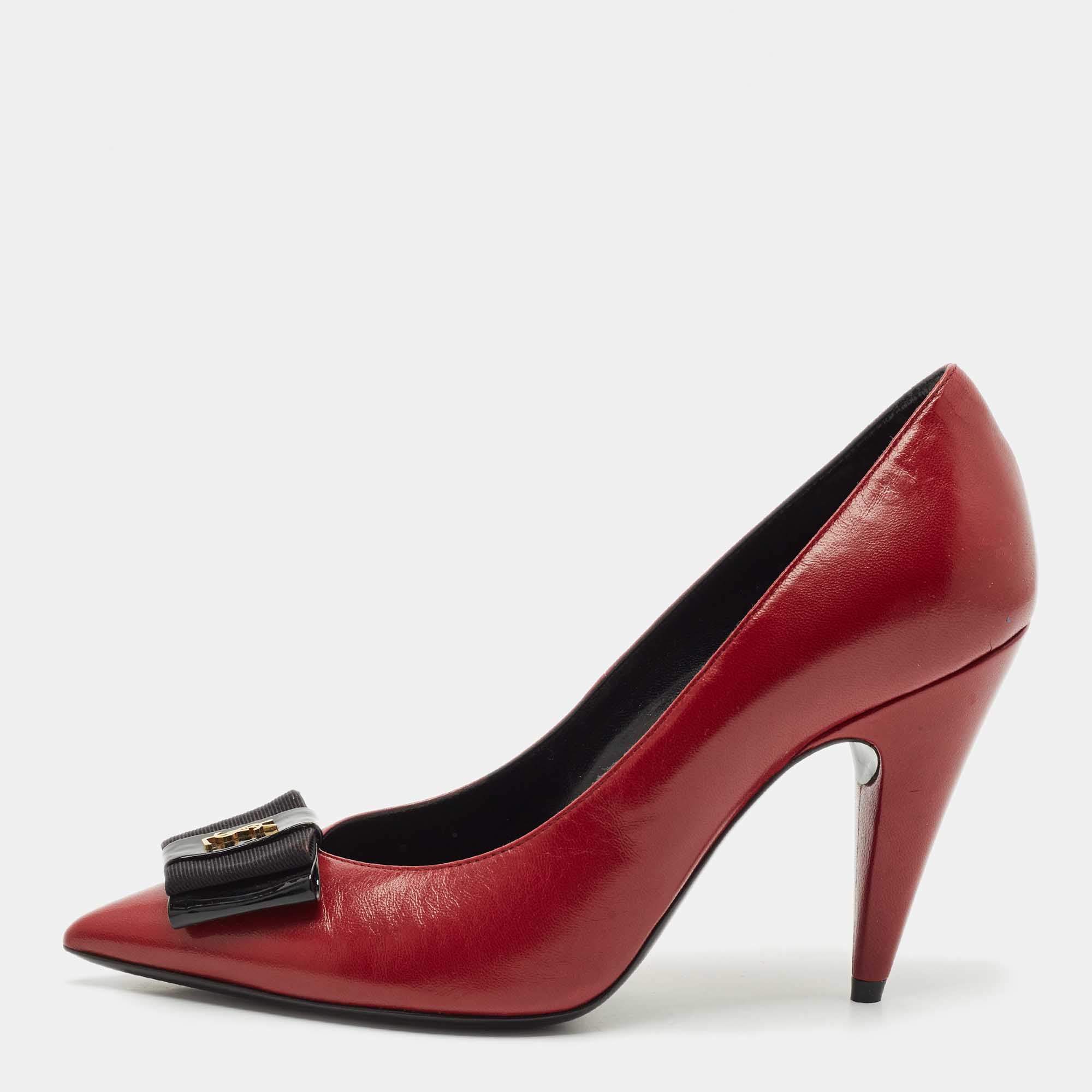 Saint Laurent Dark Red Leather Anais Bow Pointed Toe Pumps Size 36