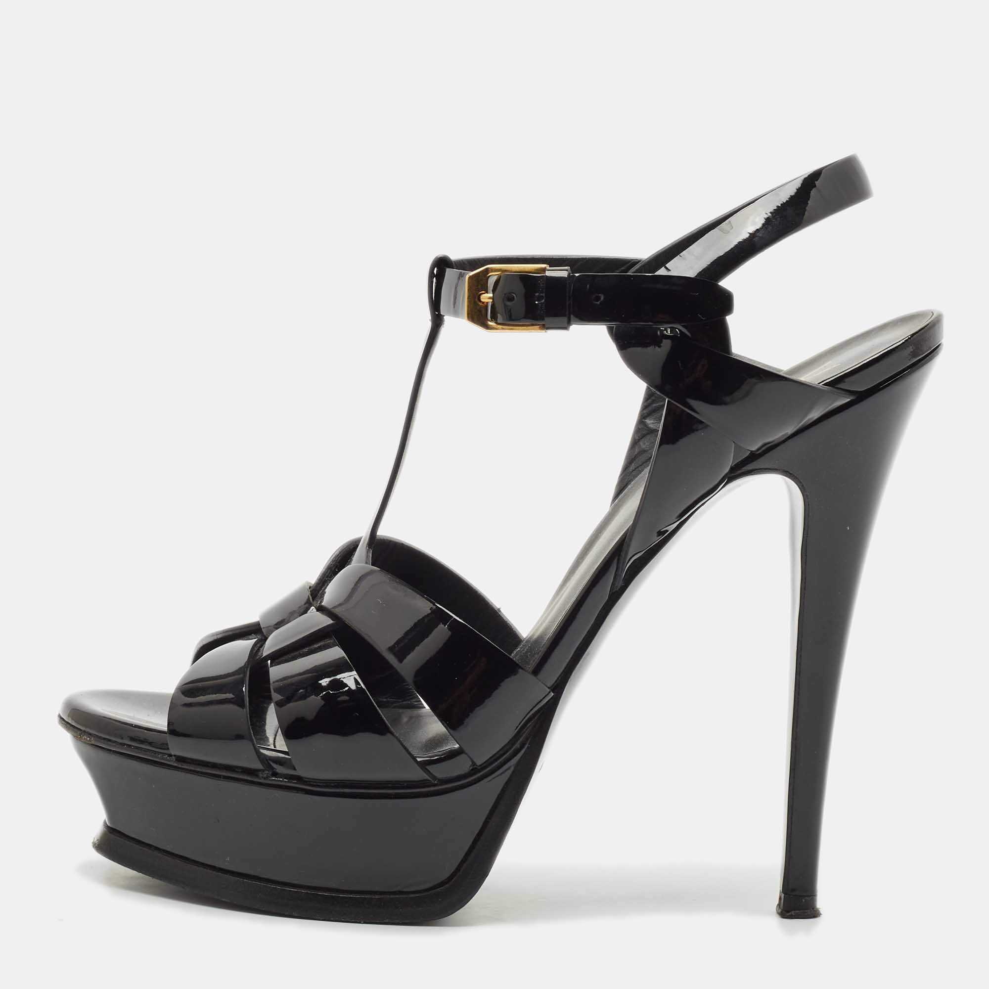 Saint Laurent Black Patent Leather Tribute Platform Sandals Size 38