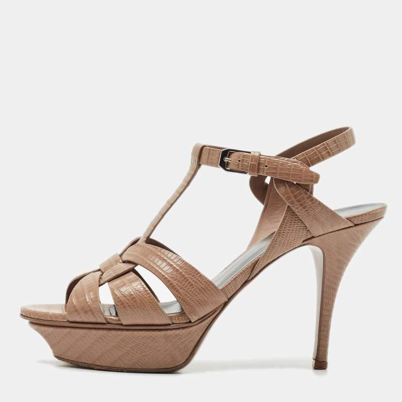 Pre Owned صندل سان لوران تريبوت سير كاحل جلد منقوش بيج مقاس 38.5