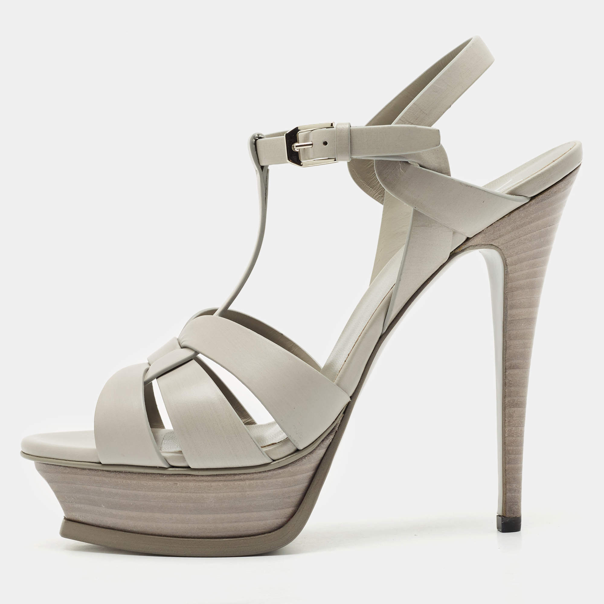 Saint Laurent Light Grey Leather Tribute Ankle Strap Sandals Size 39.5