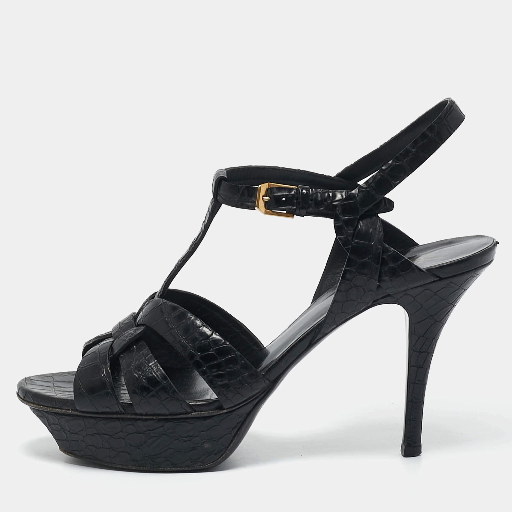 Saint Laurent Black Croc Embossed Leather Tribute Platform Sandals Size 38.5