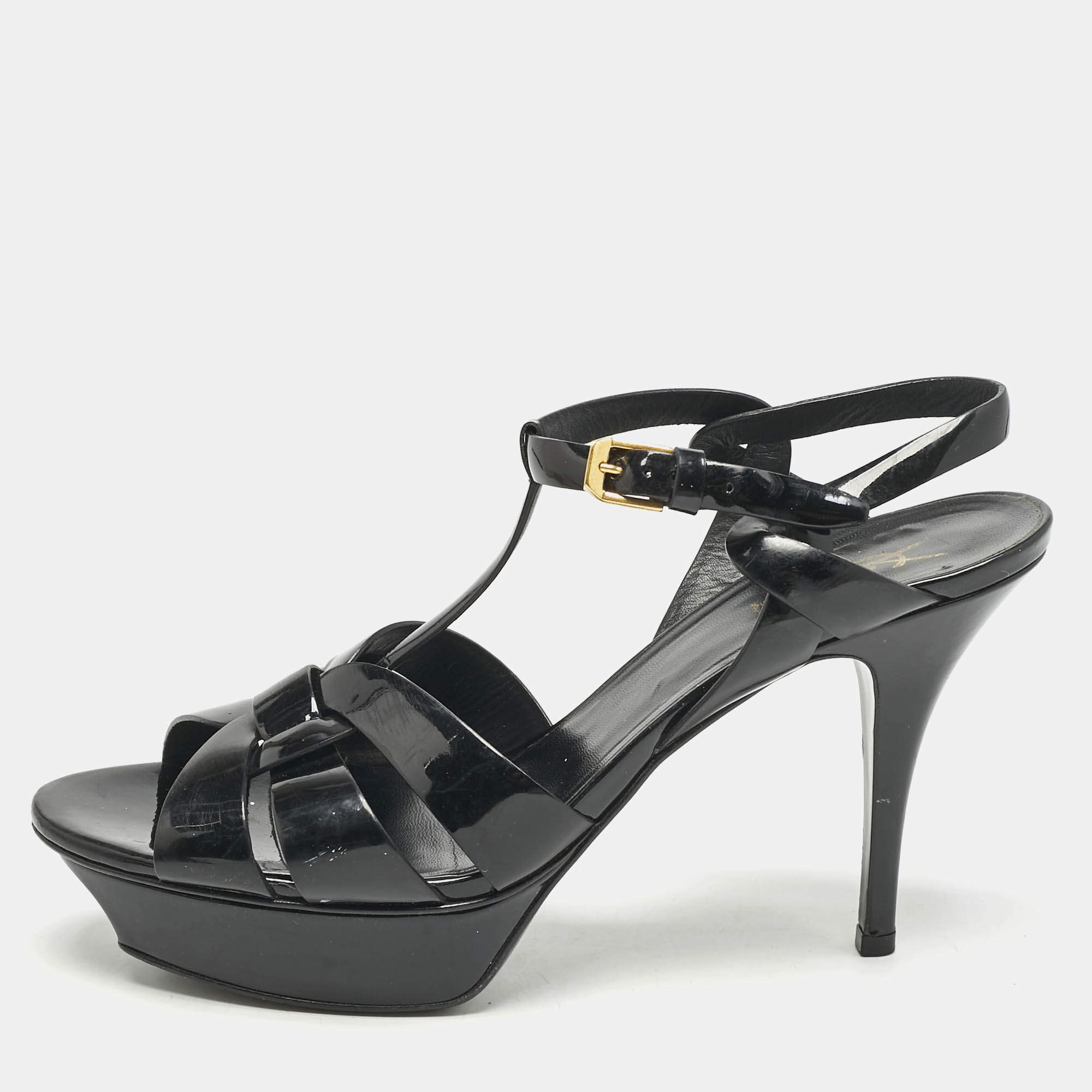 Pre Owned صندل سيور كاحل سان لوران جلد لامع أسود تريبيوت مقاس 40.5