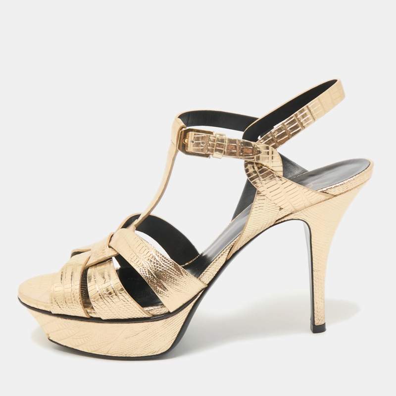 Pre Owned Saint Laurent Gold Lizard Embossed Leather Tribute Ankle Strap Sandals Size 38