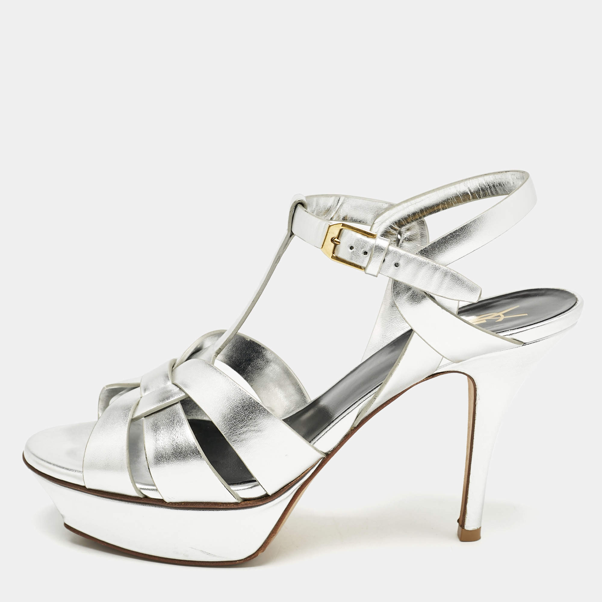 Saint Laurent Silver Leather Tribute Platform Sandals Size 38