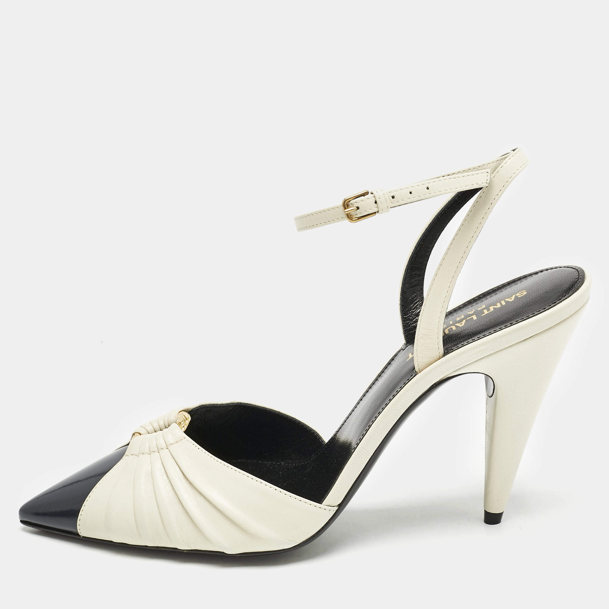 Saint Laurent Cream/Black Leather Anja Pointed Toe Slingback Pumps Size 39