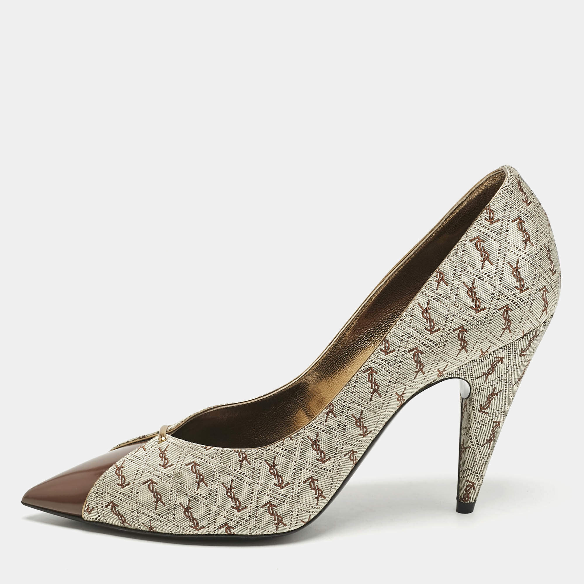 Saint Laurent Brown Monogram Canvas and Leather Lola Cap Toe Pumps Size 39
