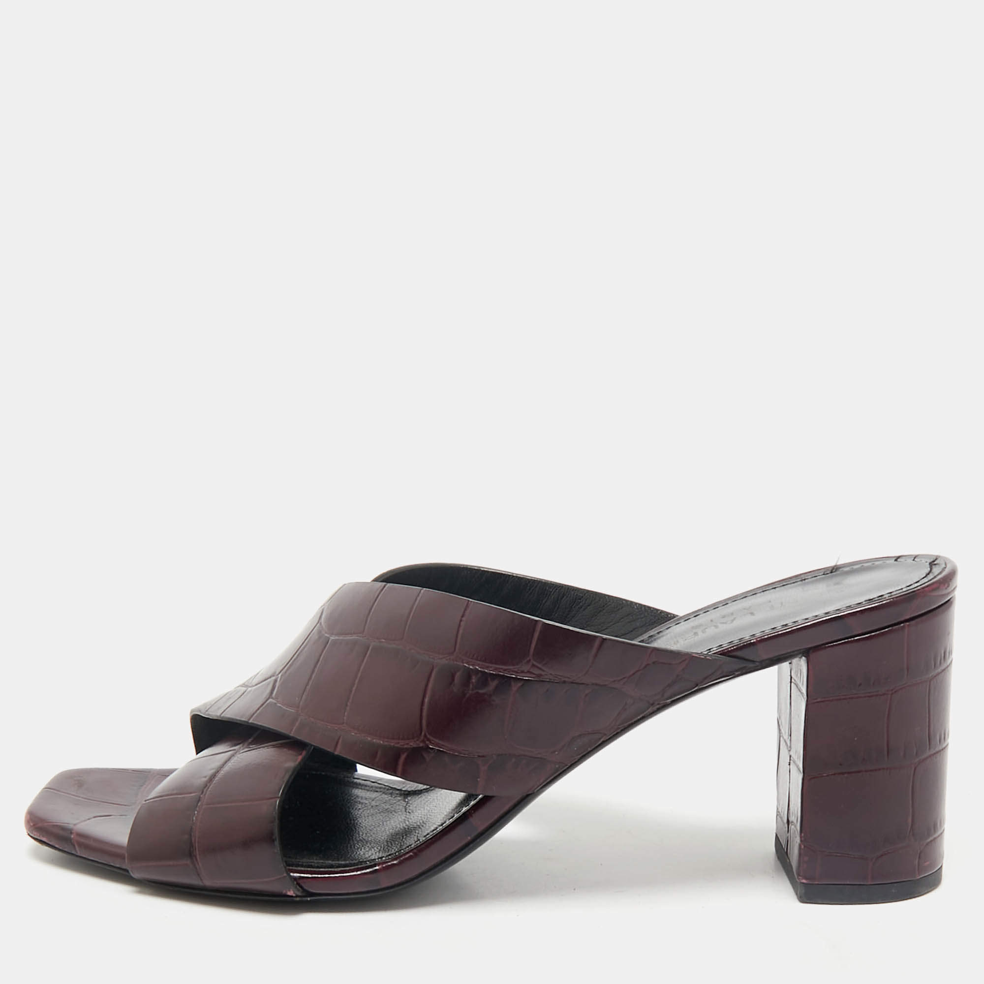 Saint Laurent Burgundy Croc Embossed Leather Loulou Slide Sandals Size 39