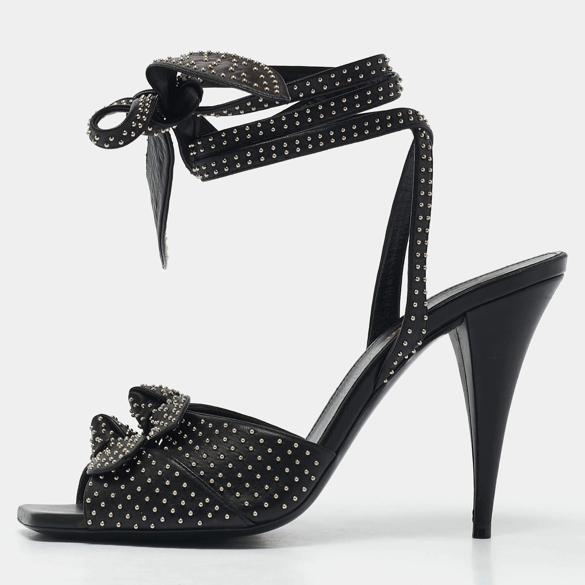Saint Laurent Black Leather Pearls Embellished Ankle Wrap Sandals Size 40
