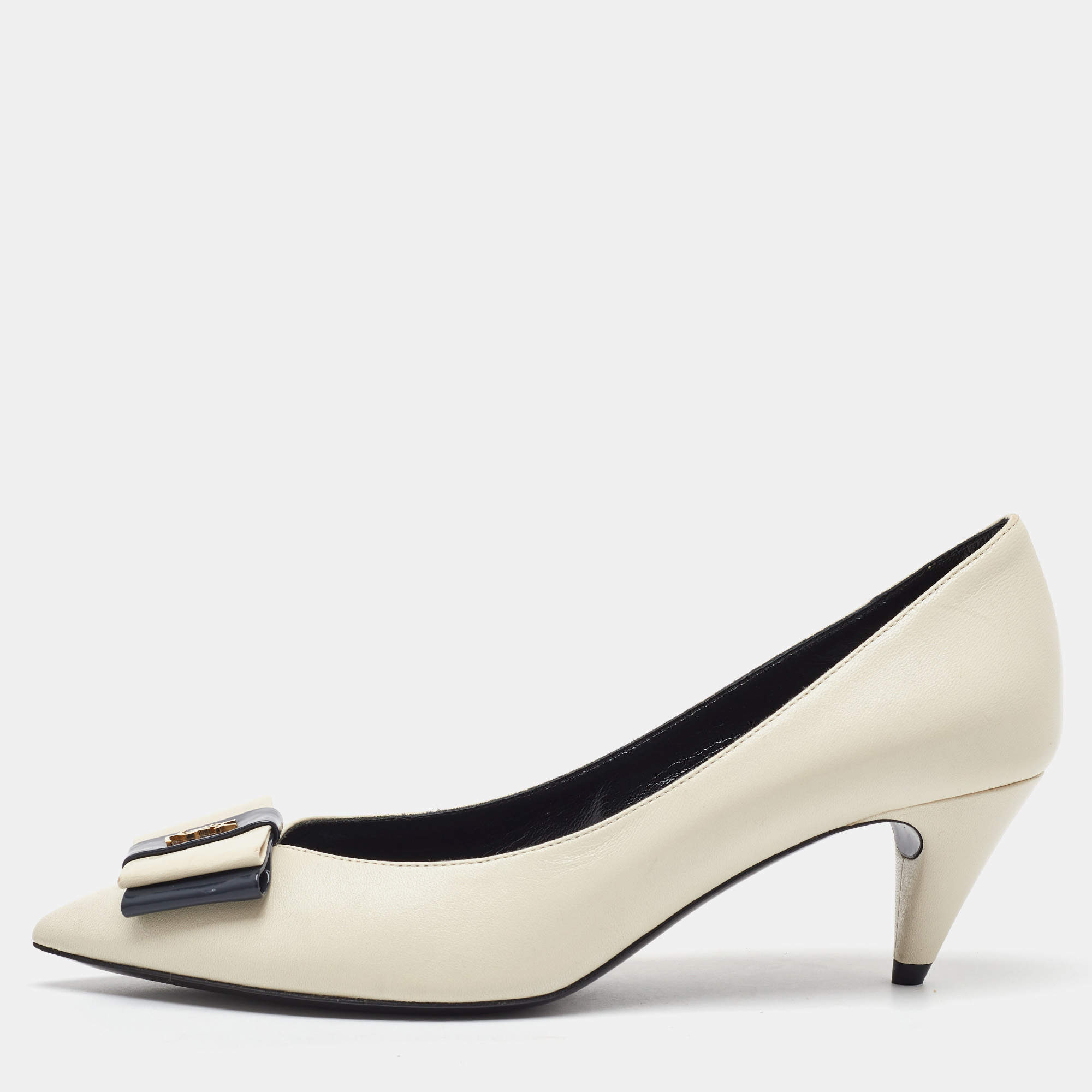 Saint Laurent Off White/Navy Blue Leather Anais YSL Bow Pumps Size 35.5