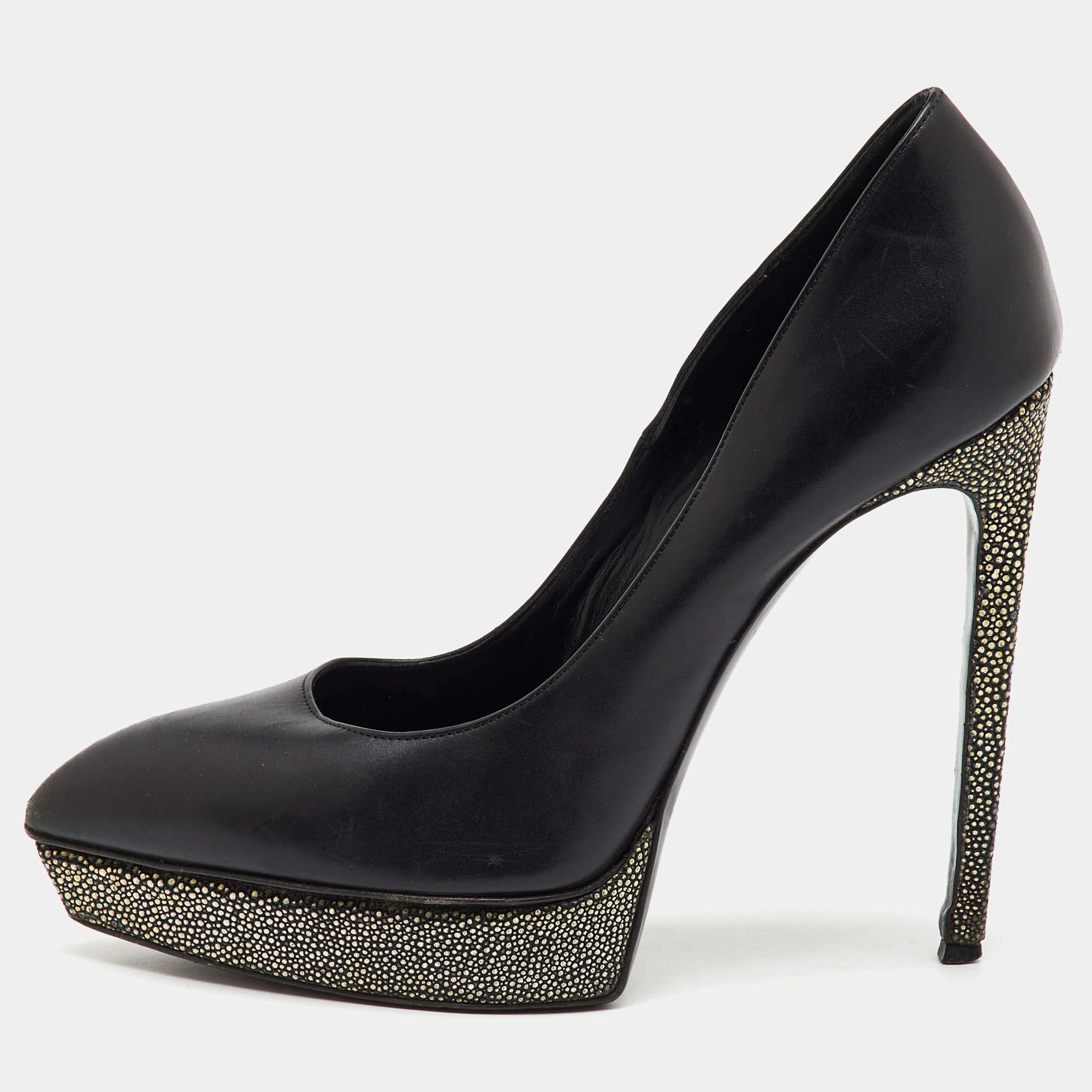 Saint Laurent Black Leather Janis Pointed Toe Platform Pumps Size 40