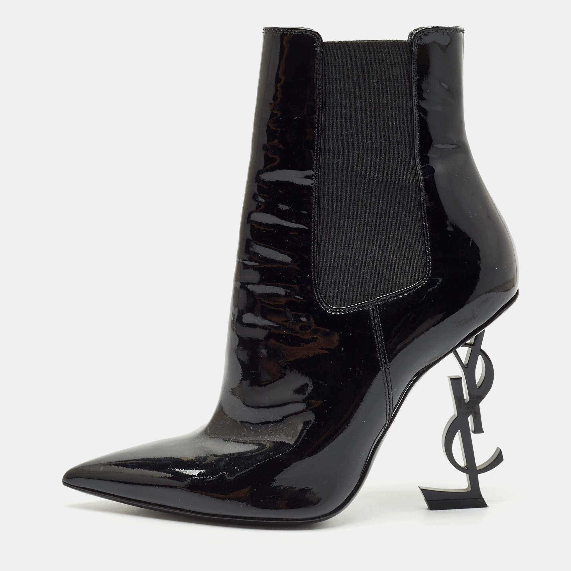 Saint Laurent Black Patent Leather Opyum Pointed Toe Ankle Boots Size 37
