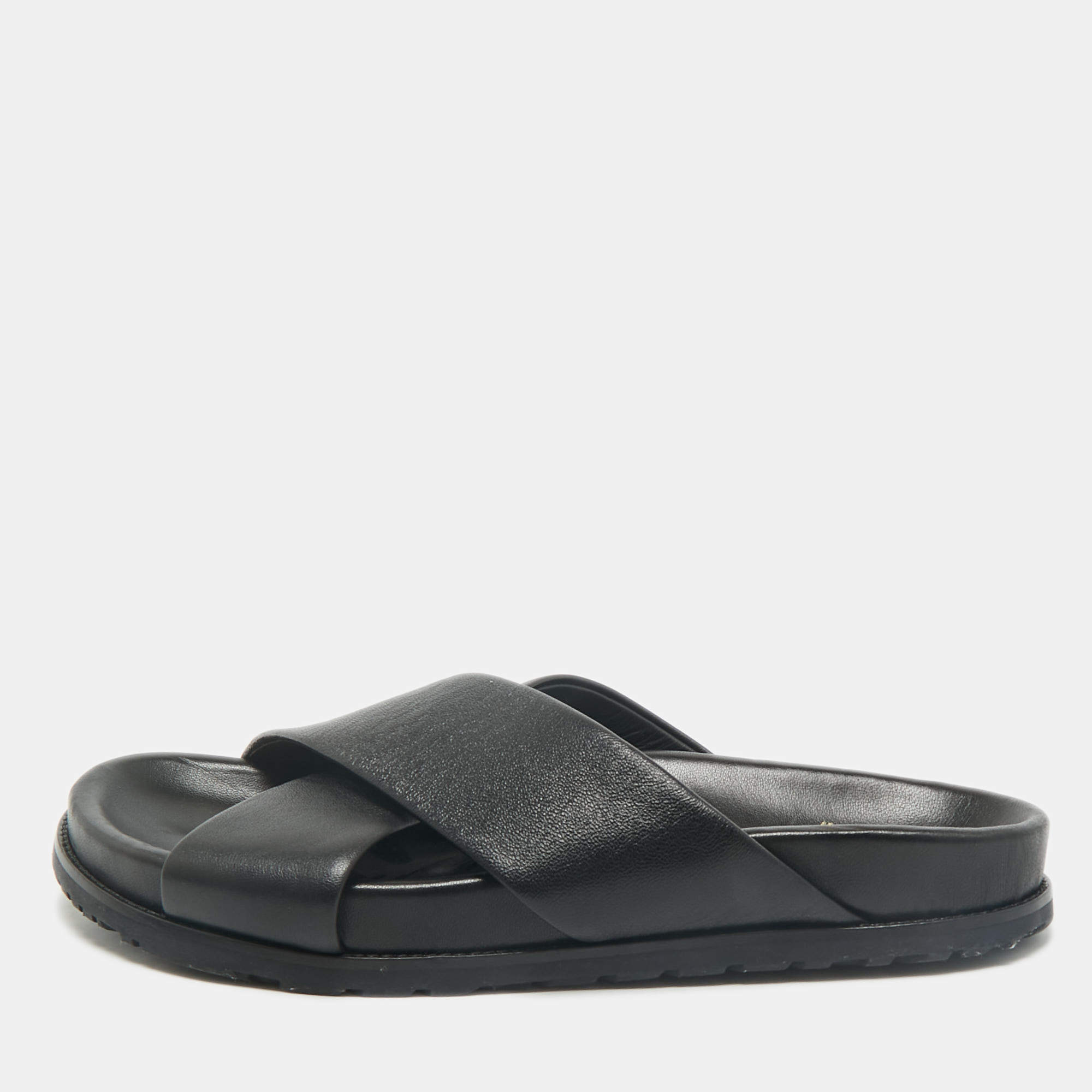 Pre Owned Saint Laurent Black Leather Crisscross Flat Slides Size 39