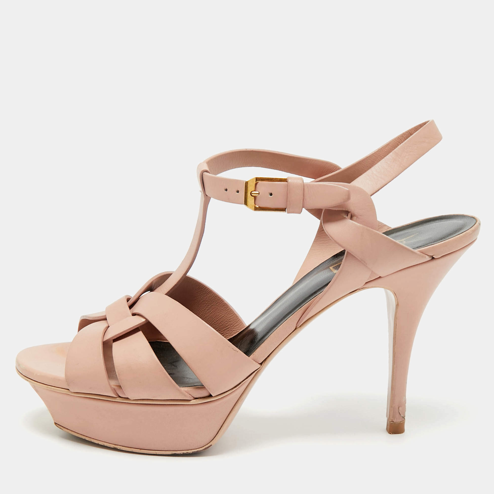 Saint Laurent Beige Leather Tribute Platform Sandals Size 37.5